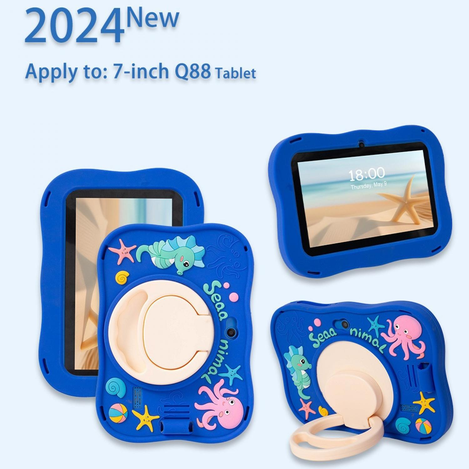 Blaue Silikon-Tablethülle mit Meeresmotiven und Ständer für 7-Zoll-Q88-Tablets.