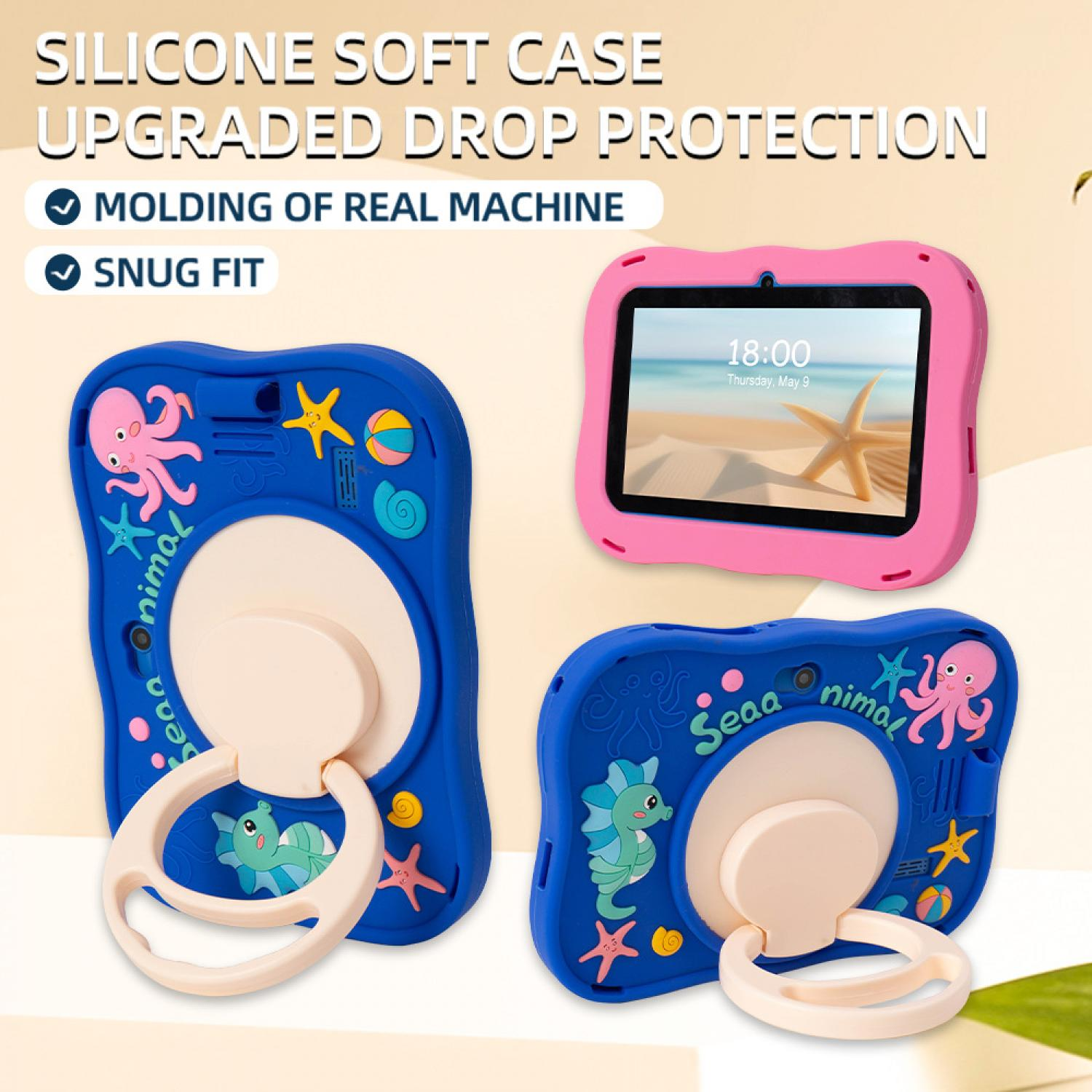 Rosa und blaue Silikon-Tablethüllen mit Meerestieren und Ringständern sowie Werbetext oben.