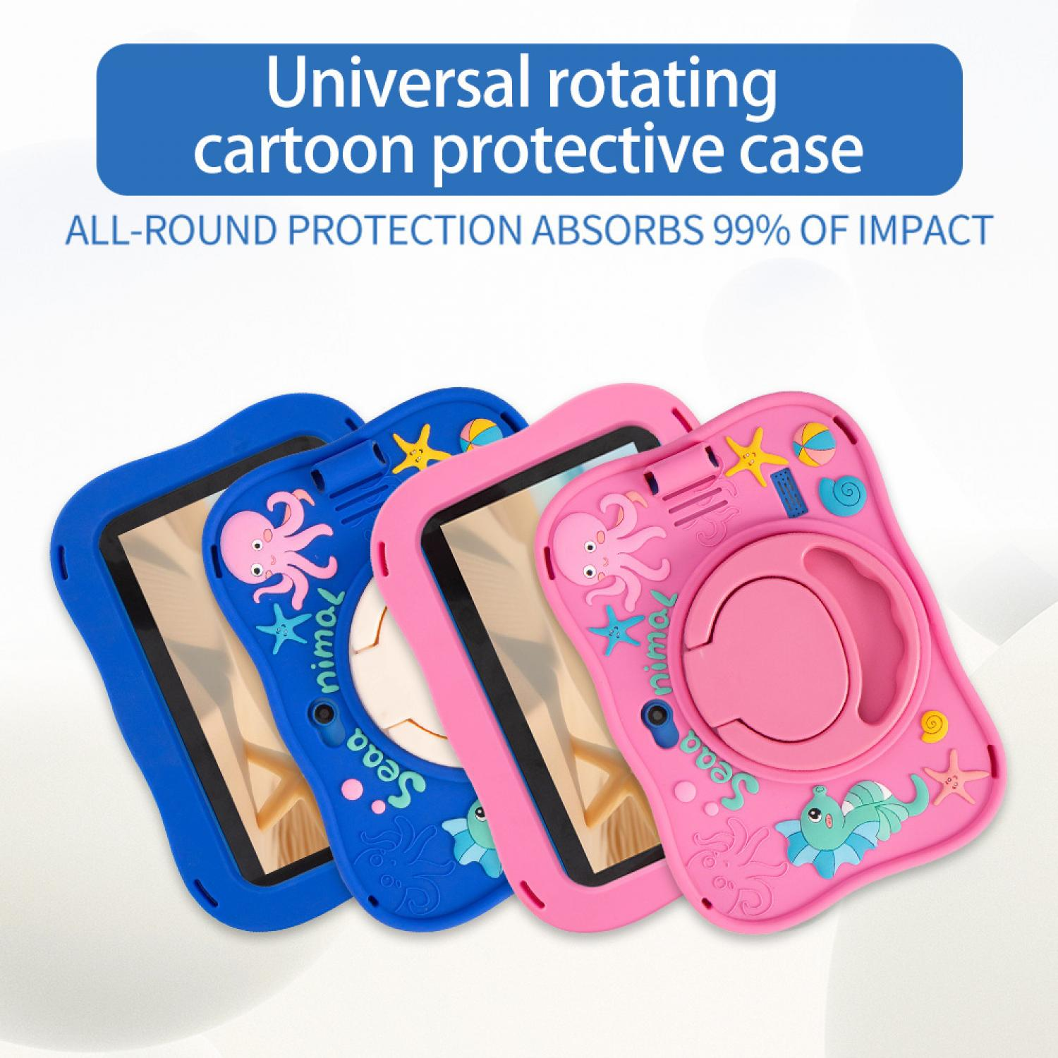Vier universelle drehbare Cartoon-Tablet-Hüllen in Blau und Pink, verziert mit Meerestieren.