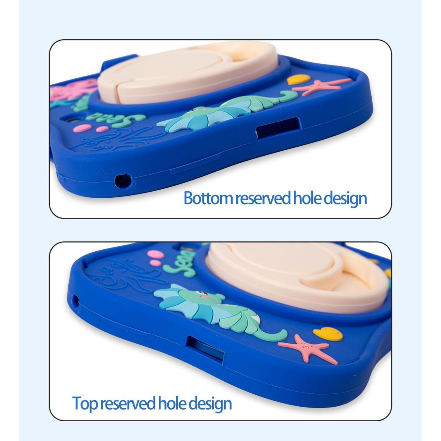 Zwei Nahaufnahmen einer blauen Tablet-Hülle mit Meeresbewohnern, die die Aussparungen oben und unten zeigen.