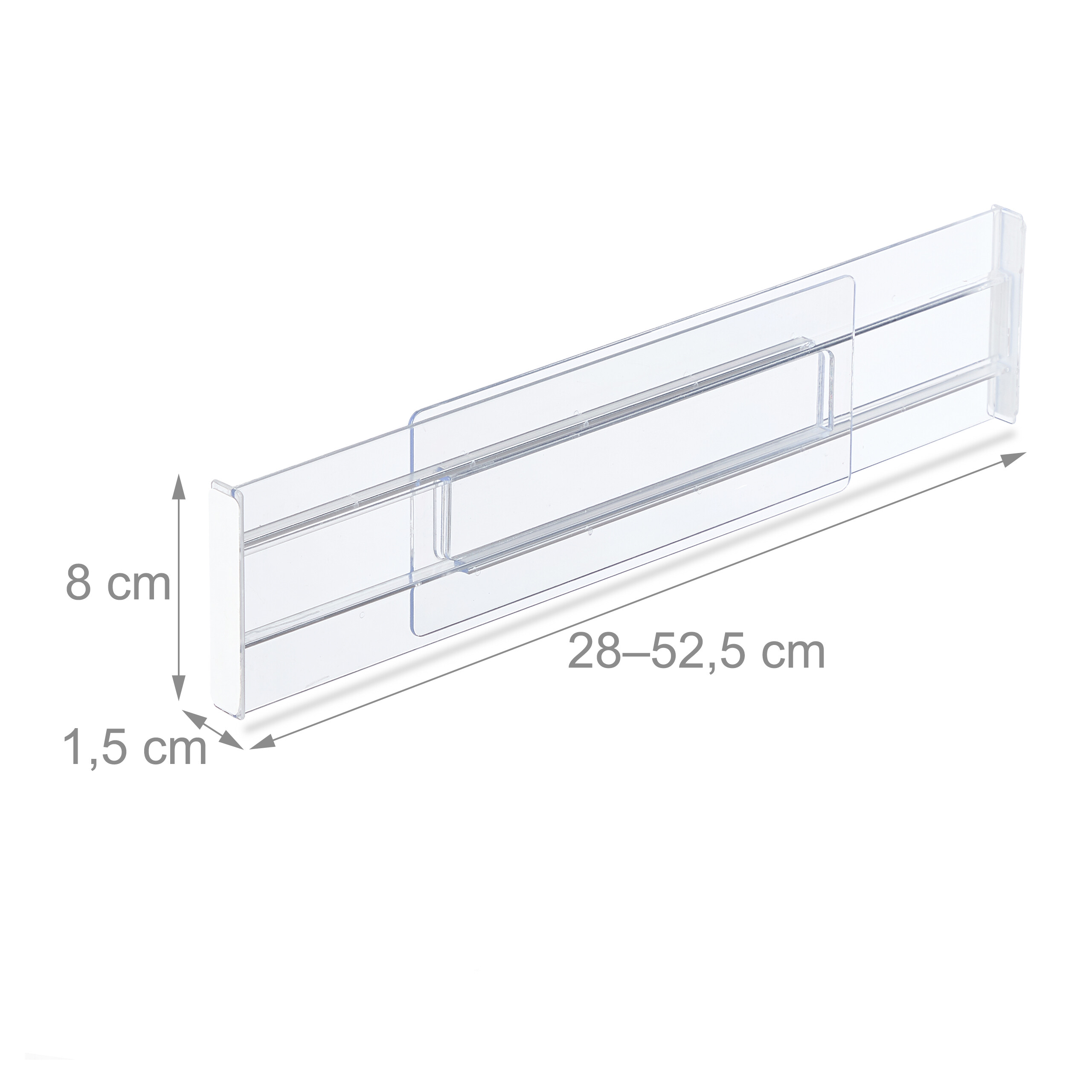 Transparenter Regalteiler mit Maßen 28-52,5 cm Länge, 8 cm Höhe und 1,5 cm Tiefe.