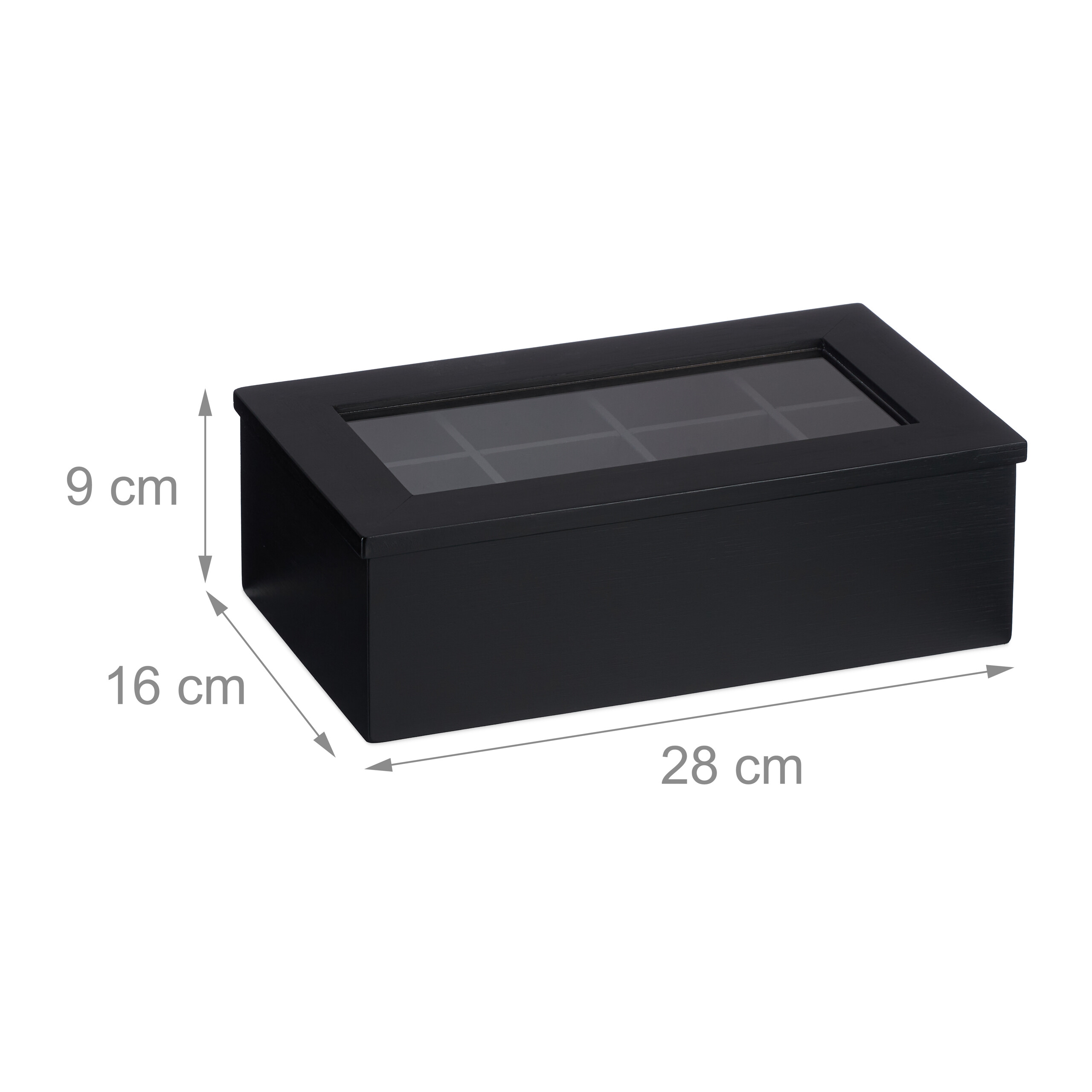 Schwarze Holz-Teebeutelbox mit Glasdeckel, Abmessungen 28x16x9 cm.