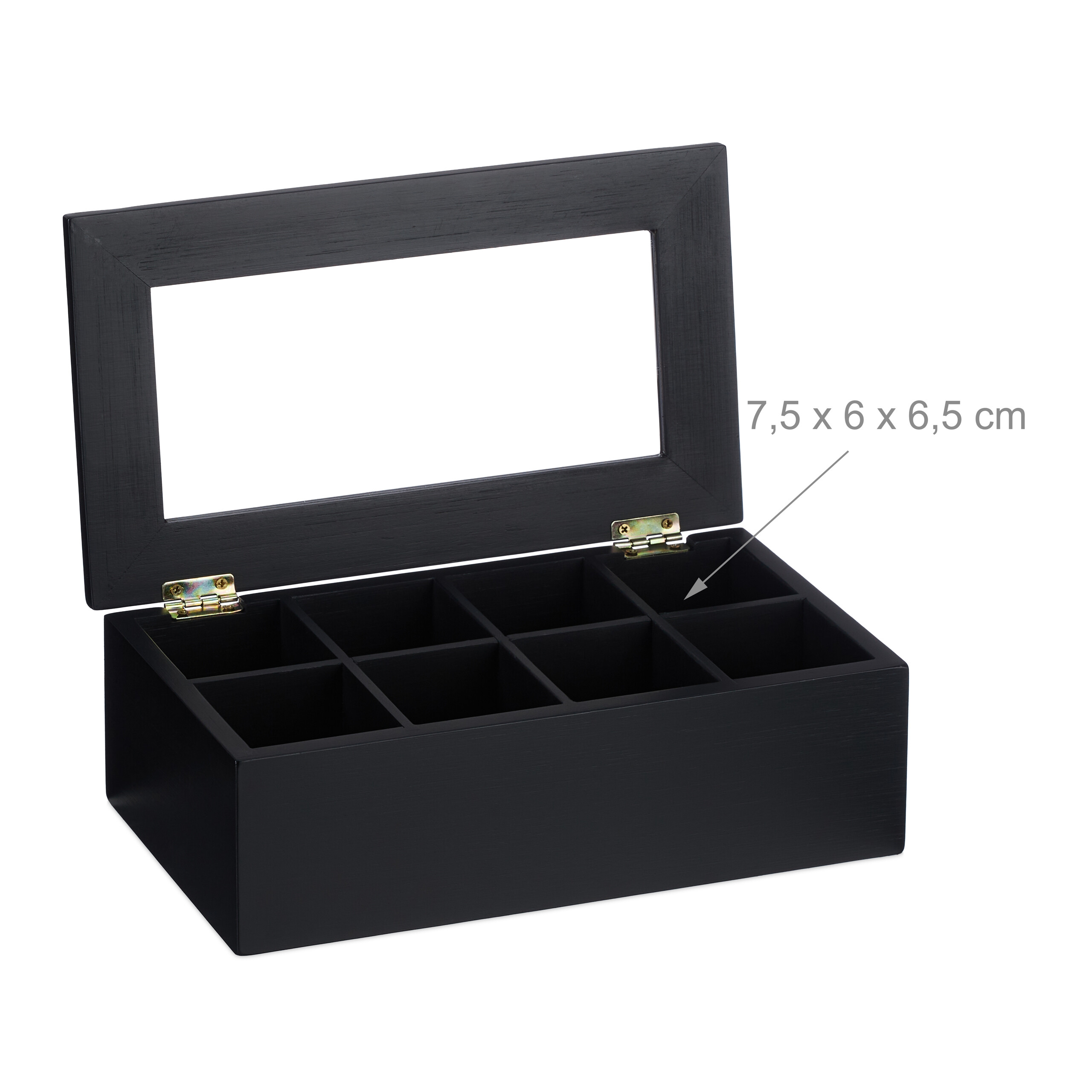 Eine offene schwarze Teebox aus Holz mit acht Fächern und Glasdeckel, mit Maßen 7,5 x 6 x 6,5 cm.