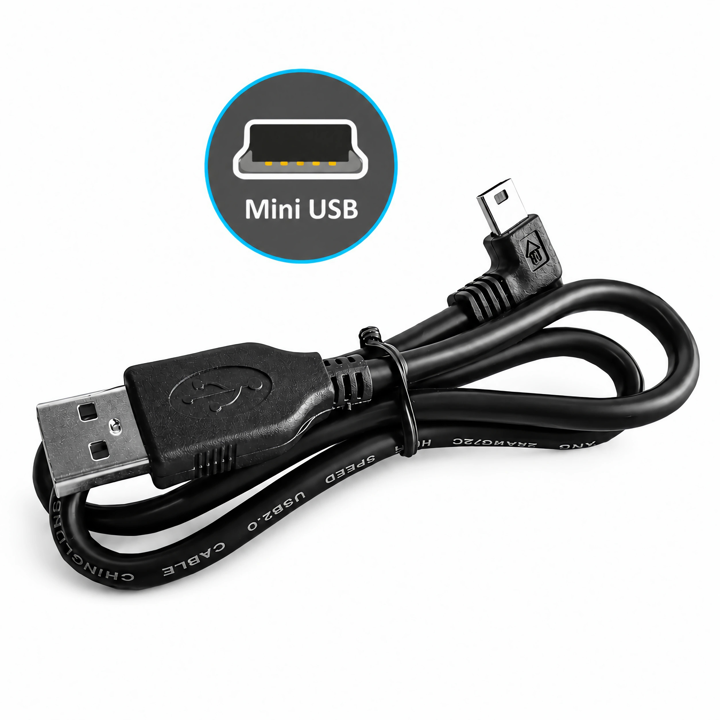 Ein schwarzes USB 2.0-Kabel mit Standard-USB-A-Stecker und rechtwinkligem Mini-USB-Stecker.