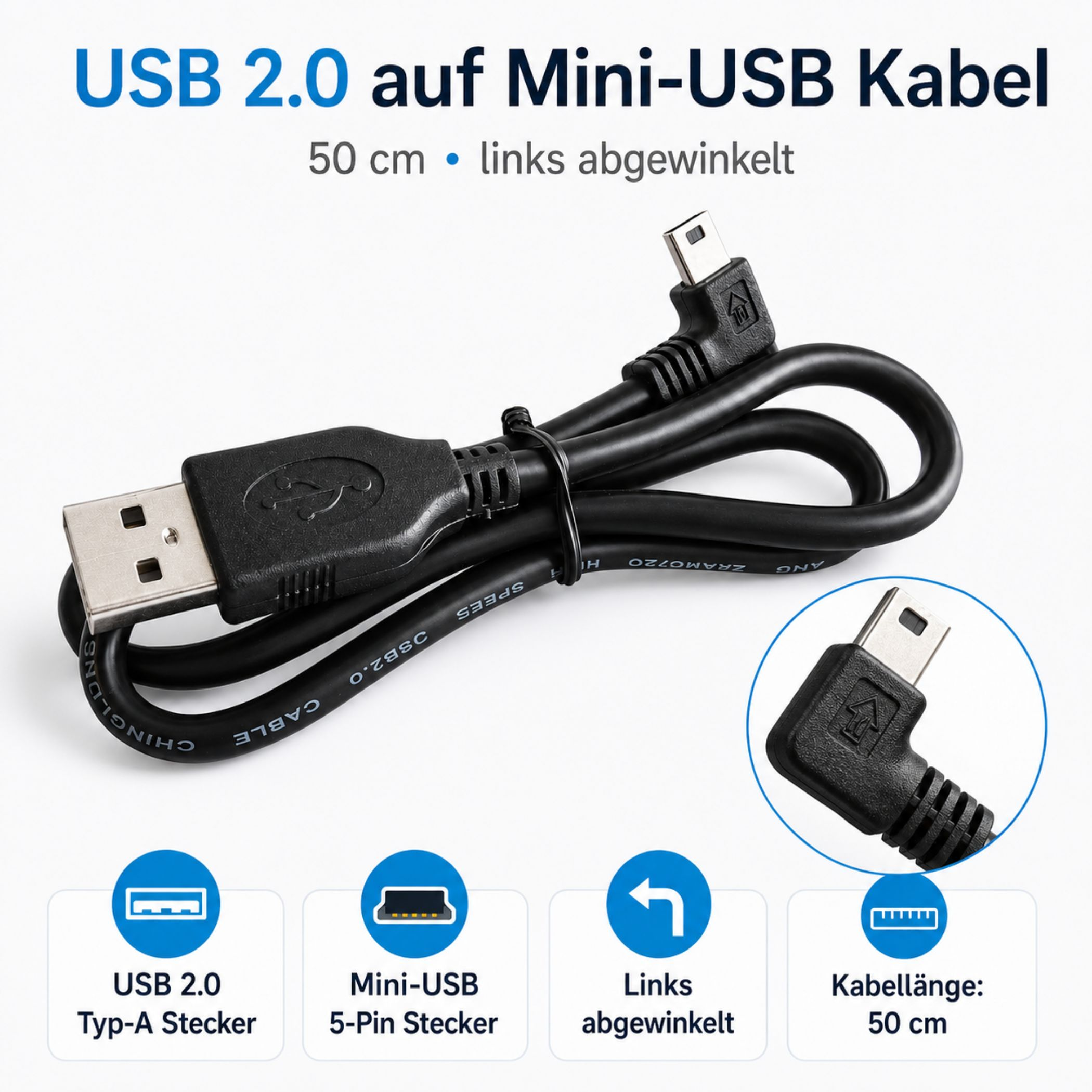 Ein 50 cm langes USB 2.0 auf Mini-USB Kabel mit einem um 90 Grad angewinkelten Stecker.