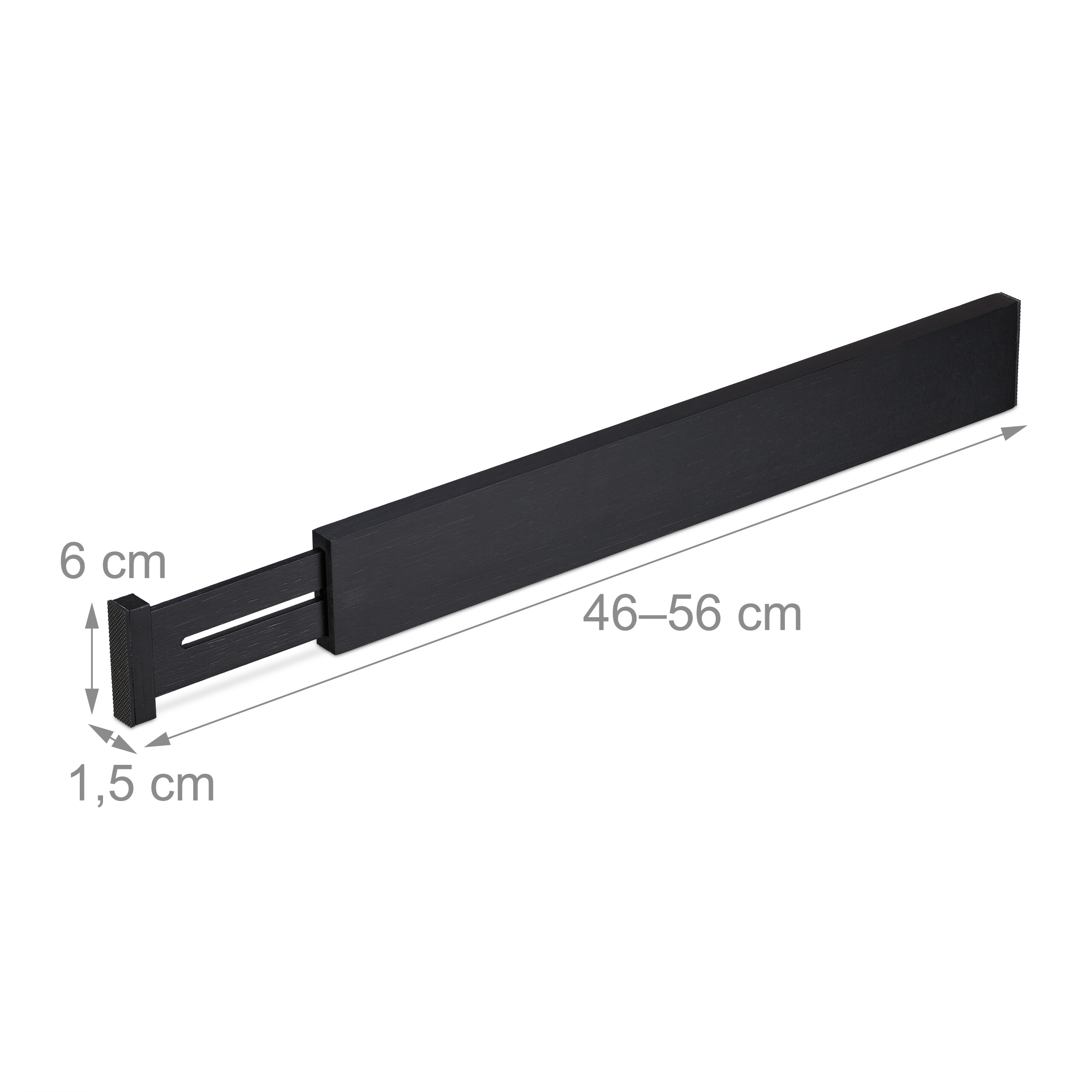 Verstellbare schwarze Schubladentrennung, 46-56 cm lang, 6 cm hoch, 1,5 cm tief.