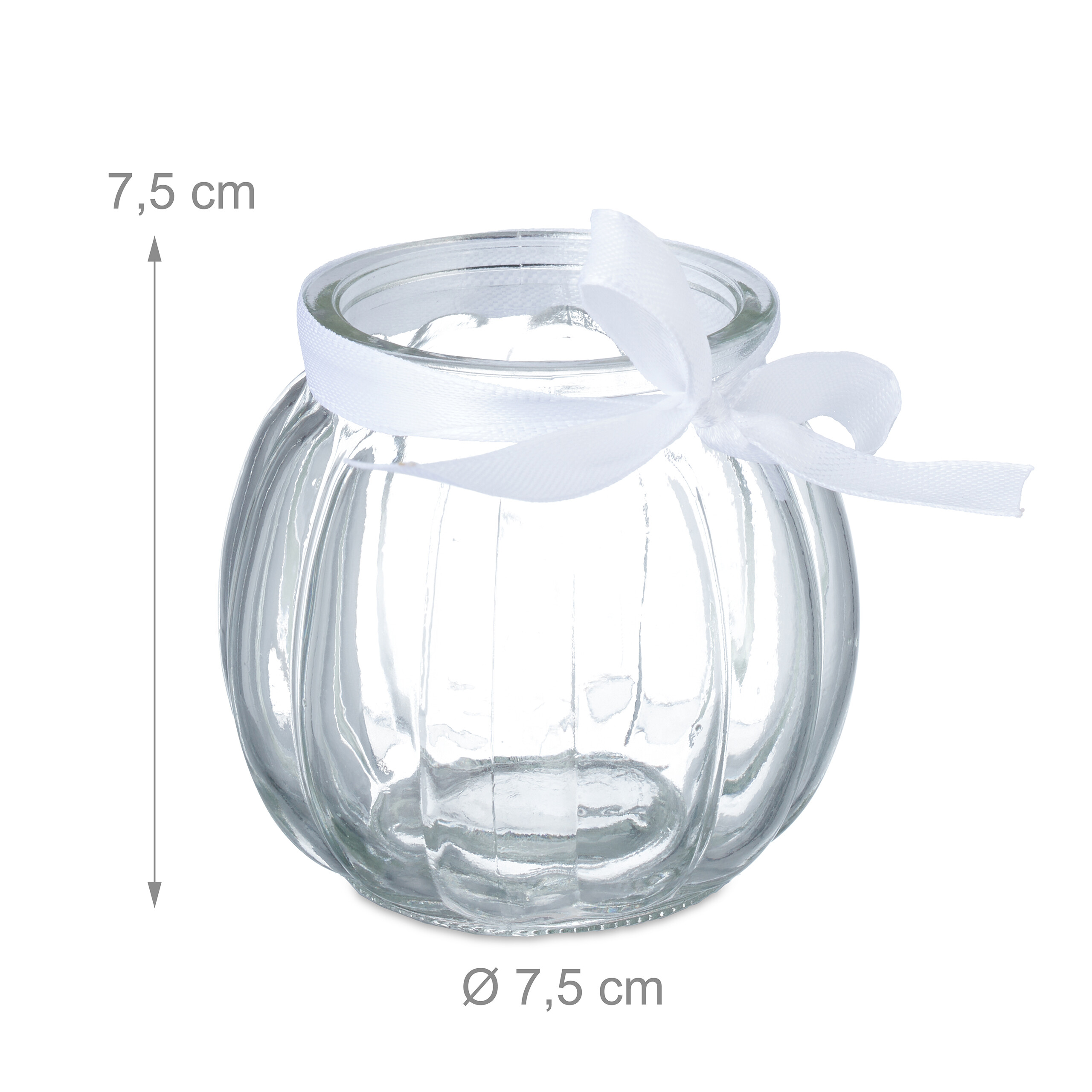 Kleines geripptes Glasgefäss mit weisser Schleife, Höhe 7,5 cm, Durchmesser 7,5 cm.