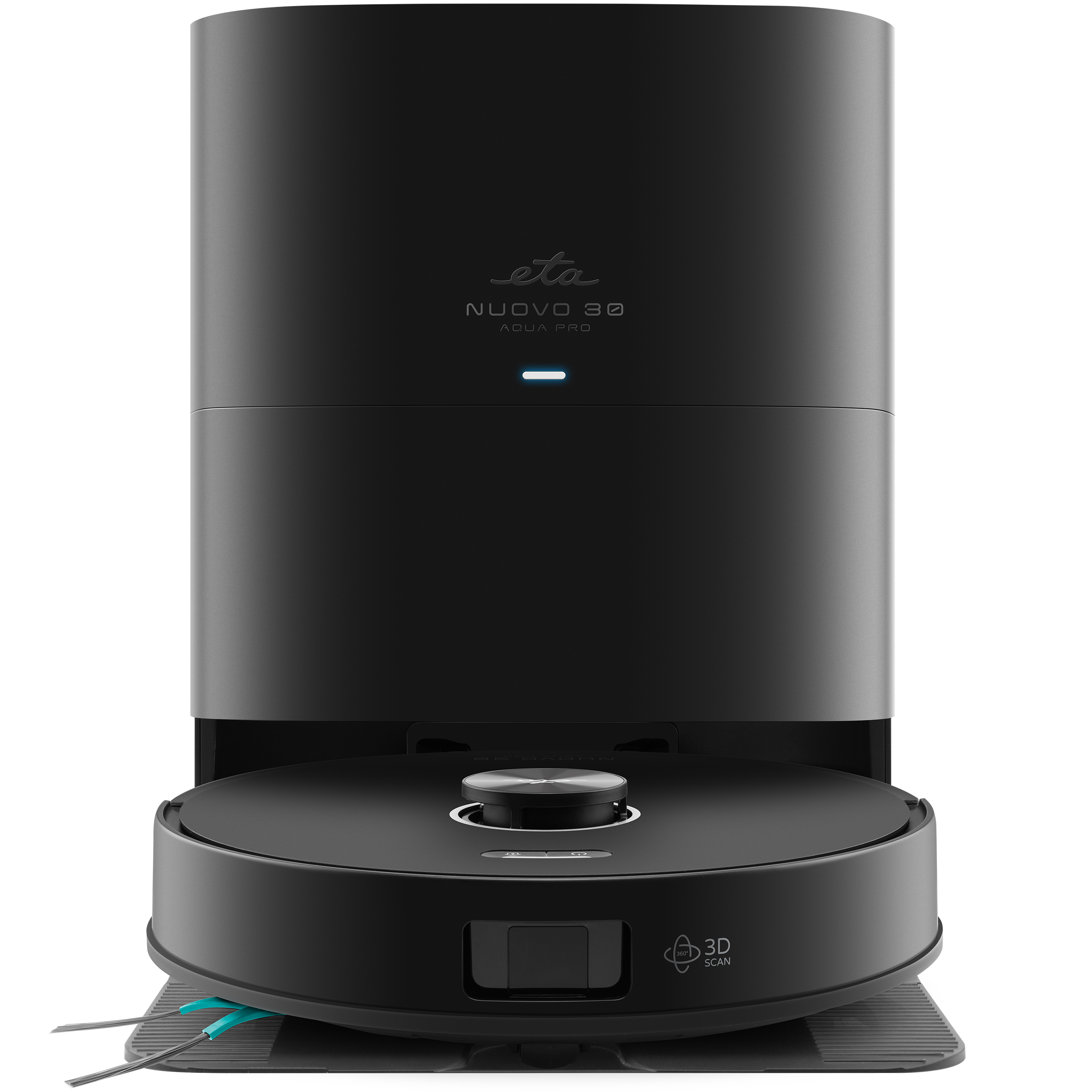 Schwarze Staubsauger-Roboter-Dockingstation mit Roboter, ETA Nuovo 30 Aqua Pro Aufschrift und blauer LED.