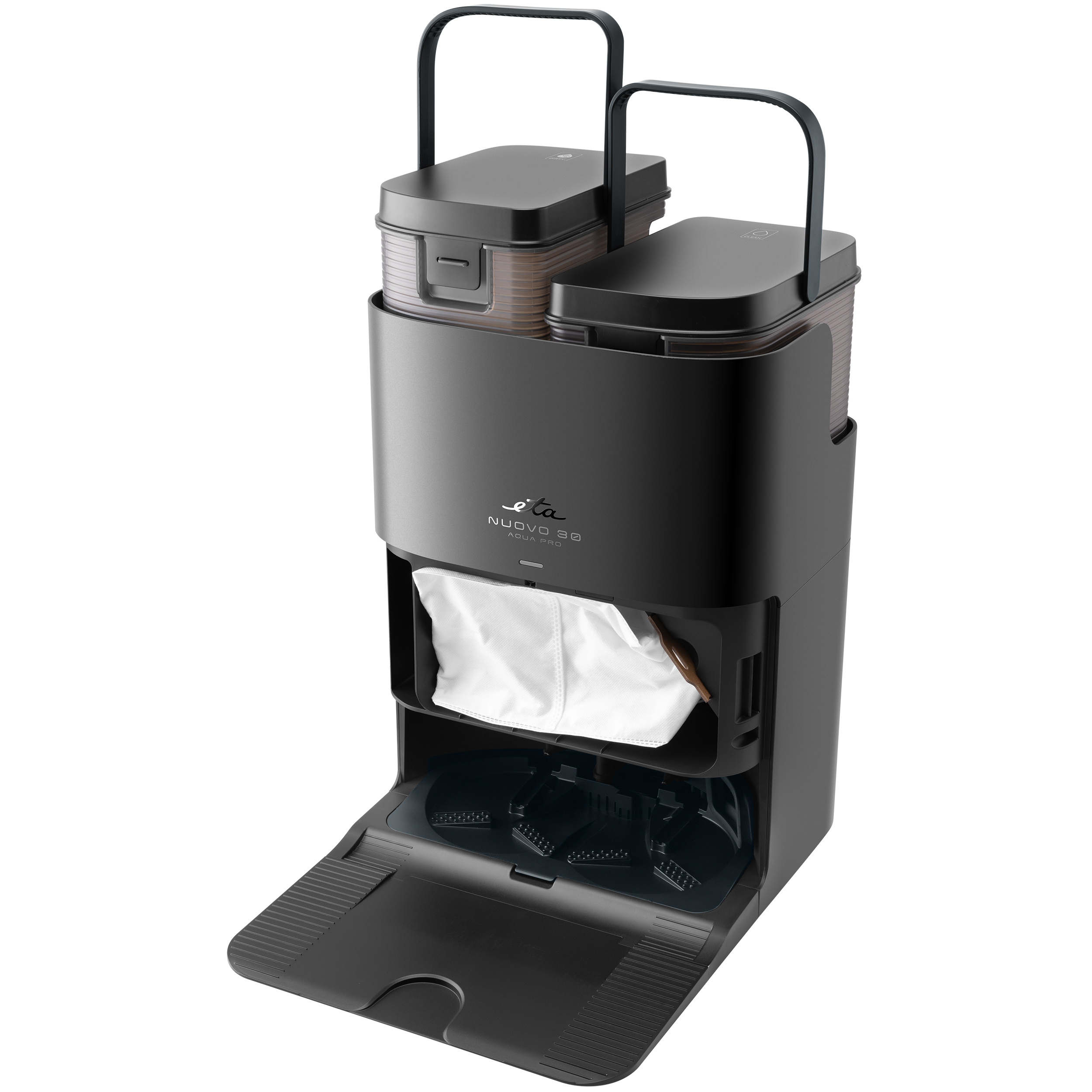 Schwarze Reinigungsstation mit zwei Wassertanks und einer weißen Stofftasche vor weißem Hintergrund.