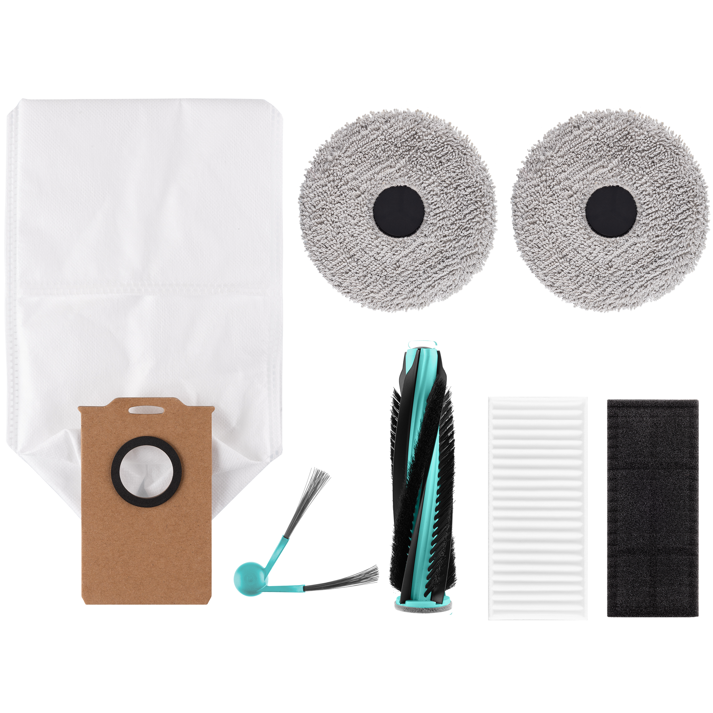 Roboterstaubsauger Zubehör wie Beutel, Mopp-Pads, Bürsten und Filter auf weißem Hintergrund.