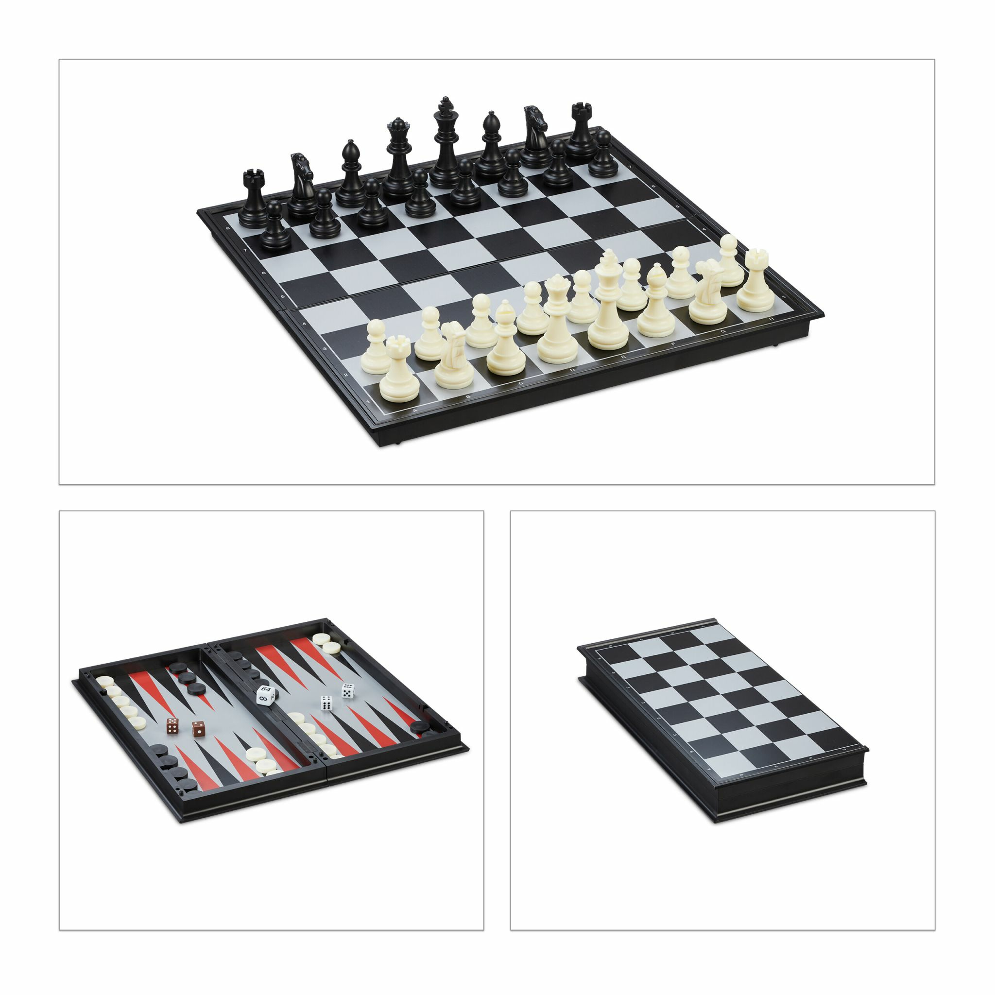 Ein faltbares Spielset mit Schachbrett, Figuren, Backgammon-Feld mit Spielsteinen und Würfeln.