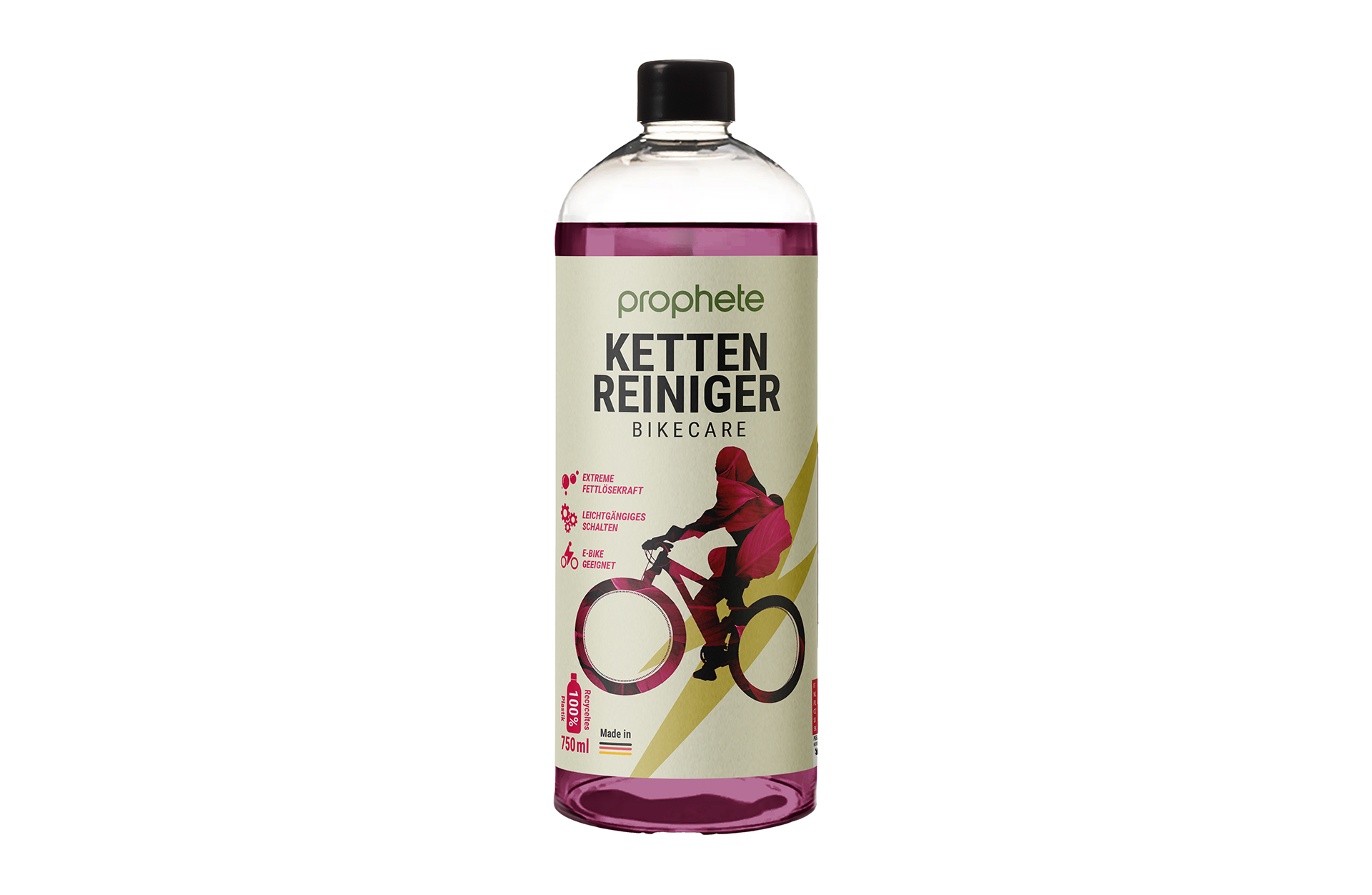 Eine 750ml Flasche Prophete Kettenreiniger mit pinkfarbenem Inhalt und einem Etikett, das ein Fahrrad zeigt.