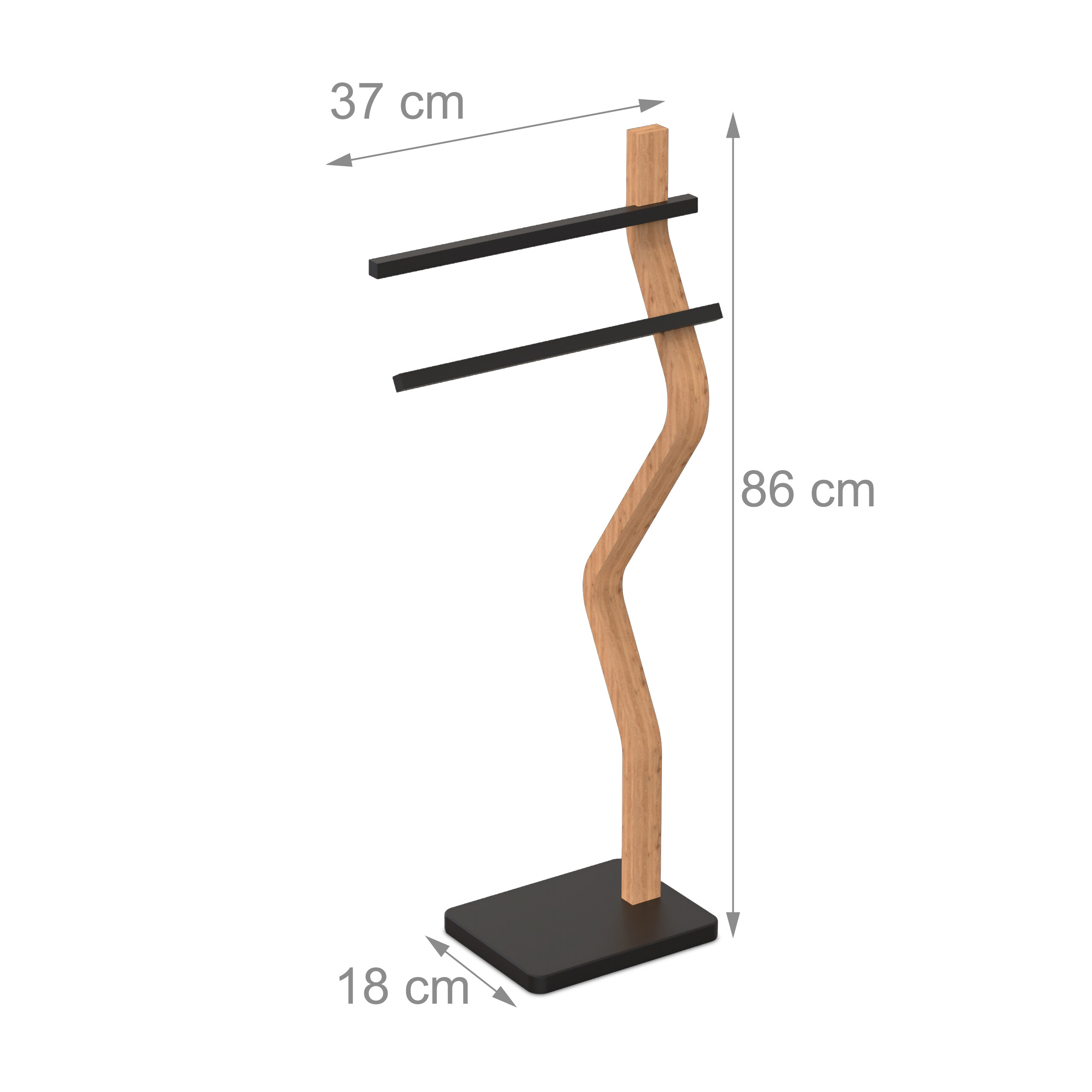 Freistehender Handtuchhalter aus Holz und Schwarz mit den Maßen 37 cm Breite, 18 cm Tiefe und 86 cm Höhe.