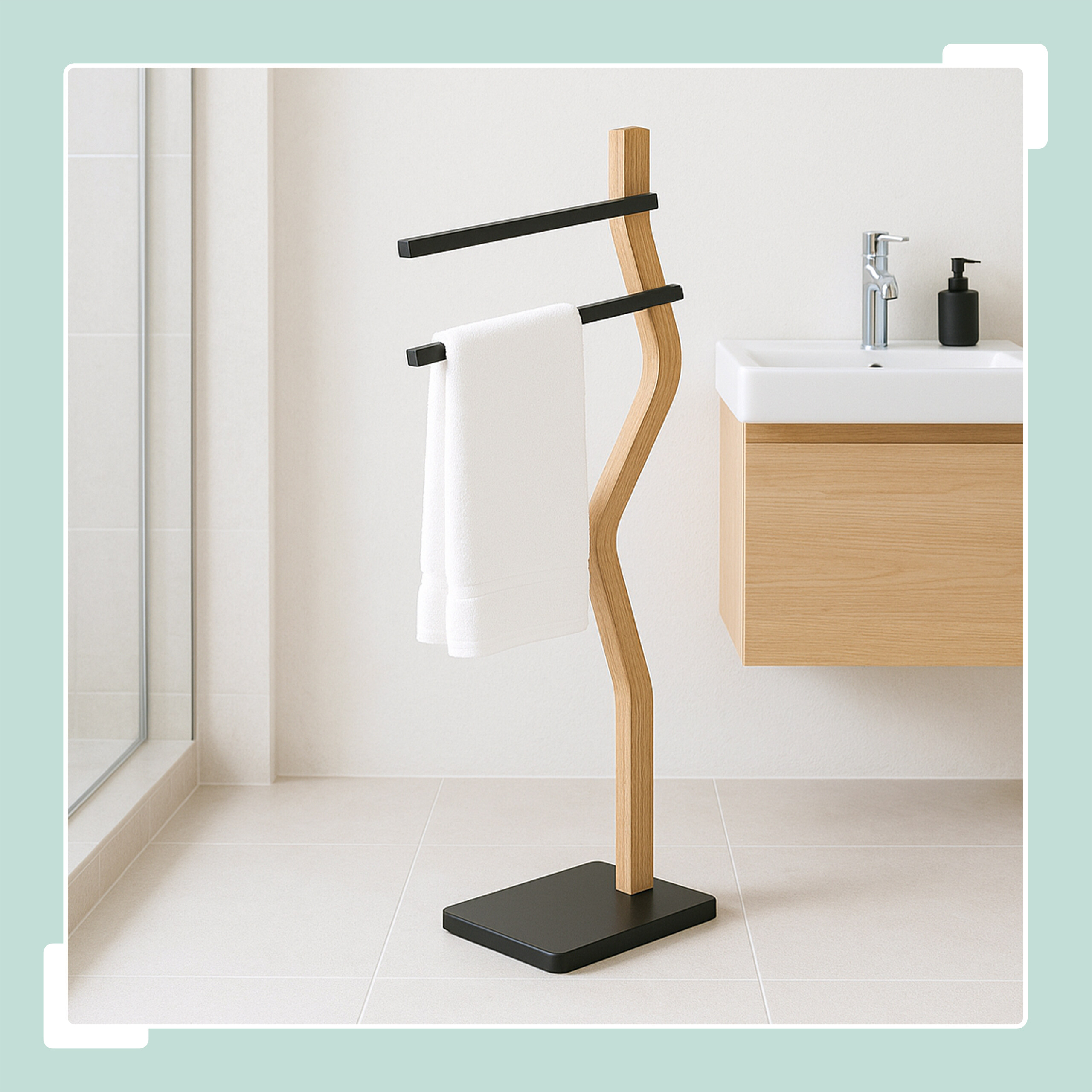 Freistehender Handtuchhalter aus Holz mit schwarzen Armen und einem weißen Handtuch in einem modernen Badezimmer.