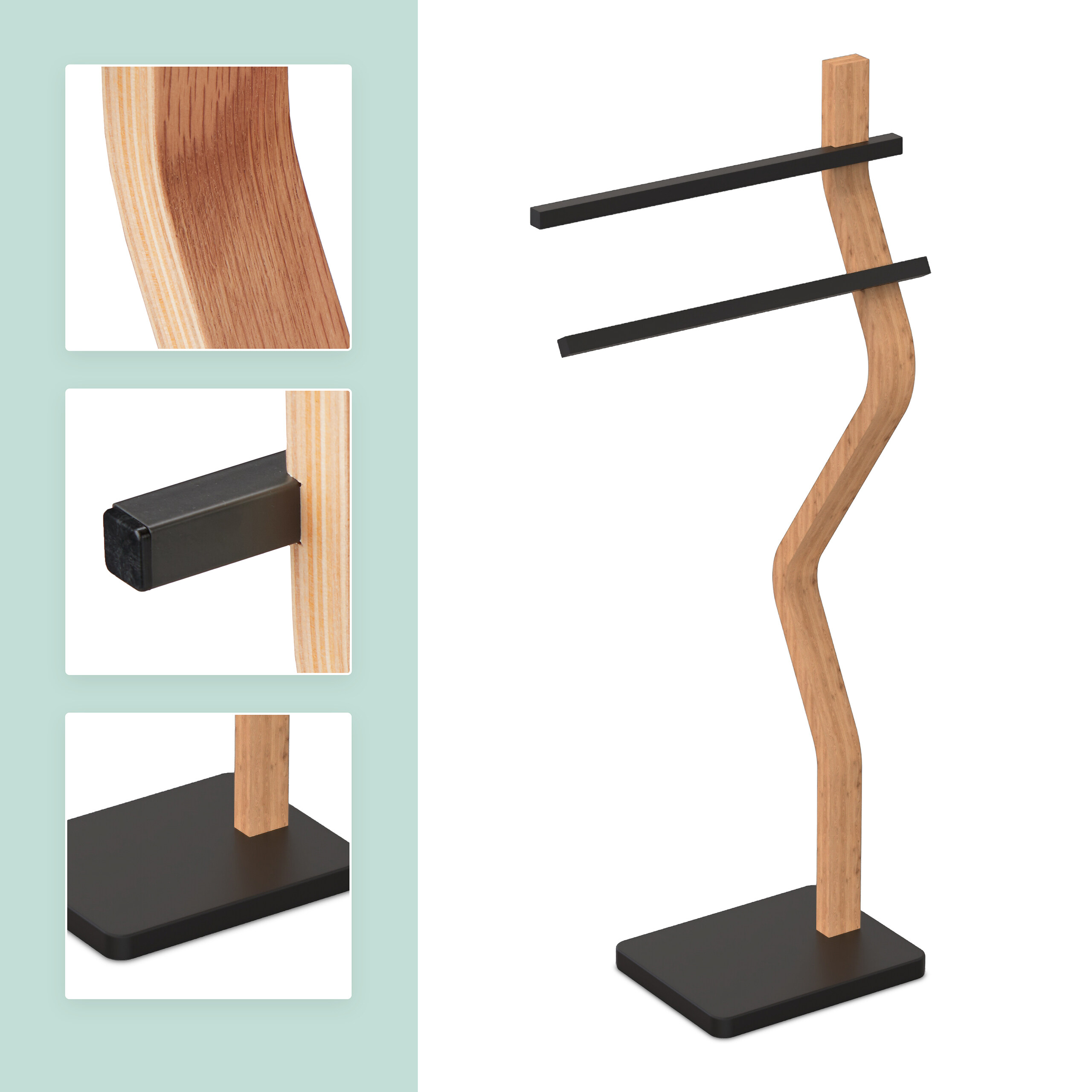 Ein geschwungener Handtuchhalter aus Holz mit schwarzen Stangen auf einem Sockel, mit Detailansichten.
