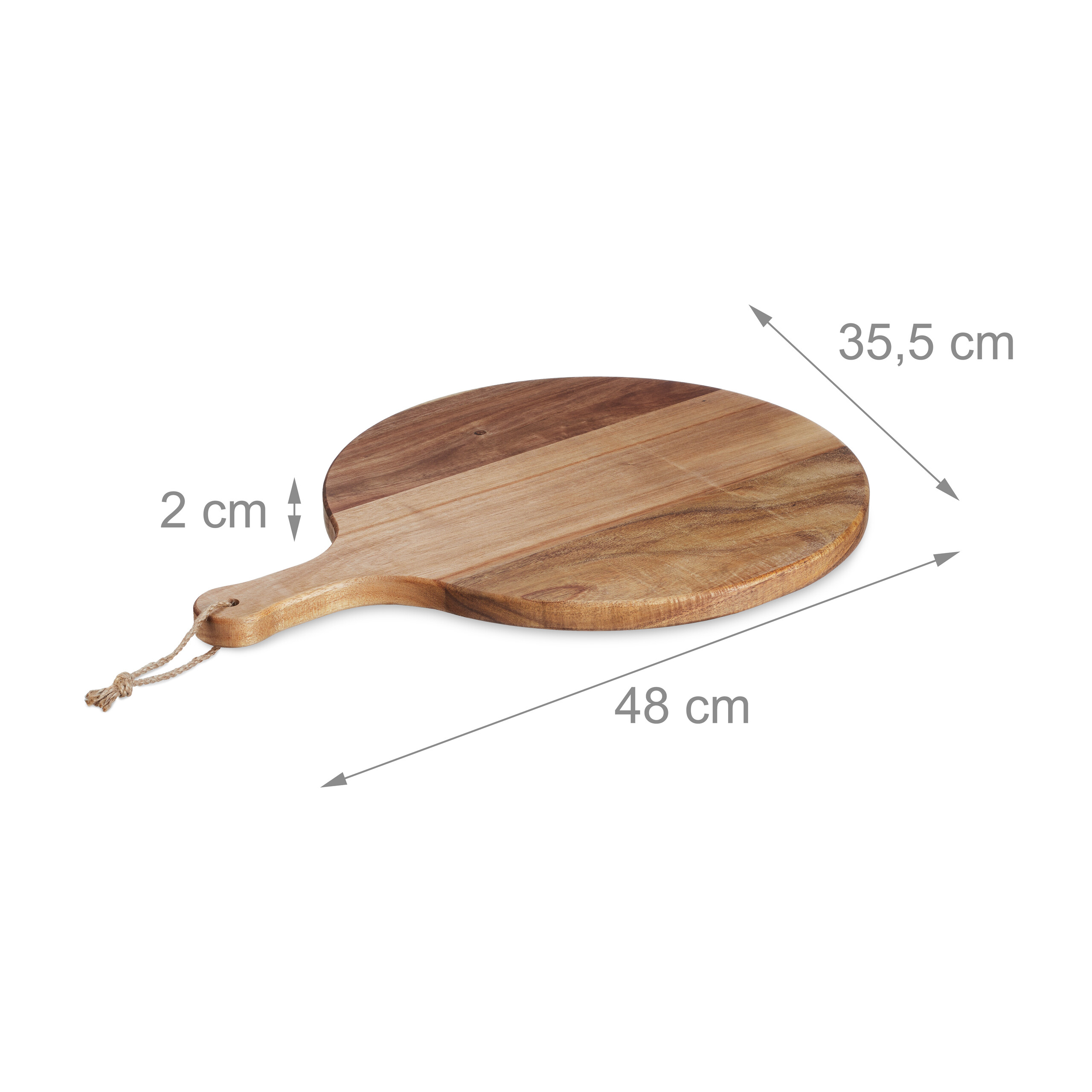 Rundes Holzschneidebrett mit Griff und Maßen: 48 cm lang, 35,5 cm breit, 2 cm dick.