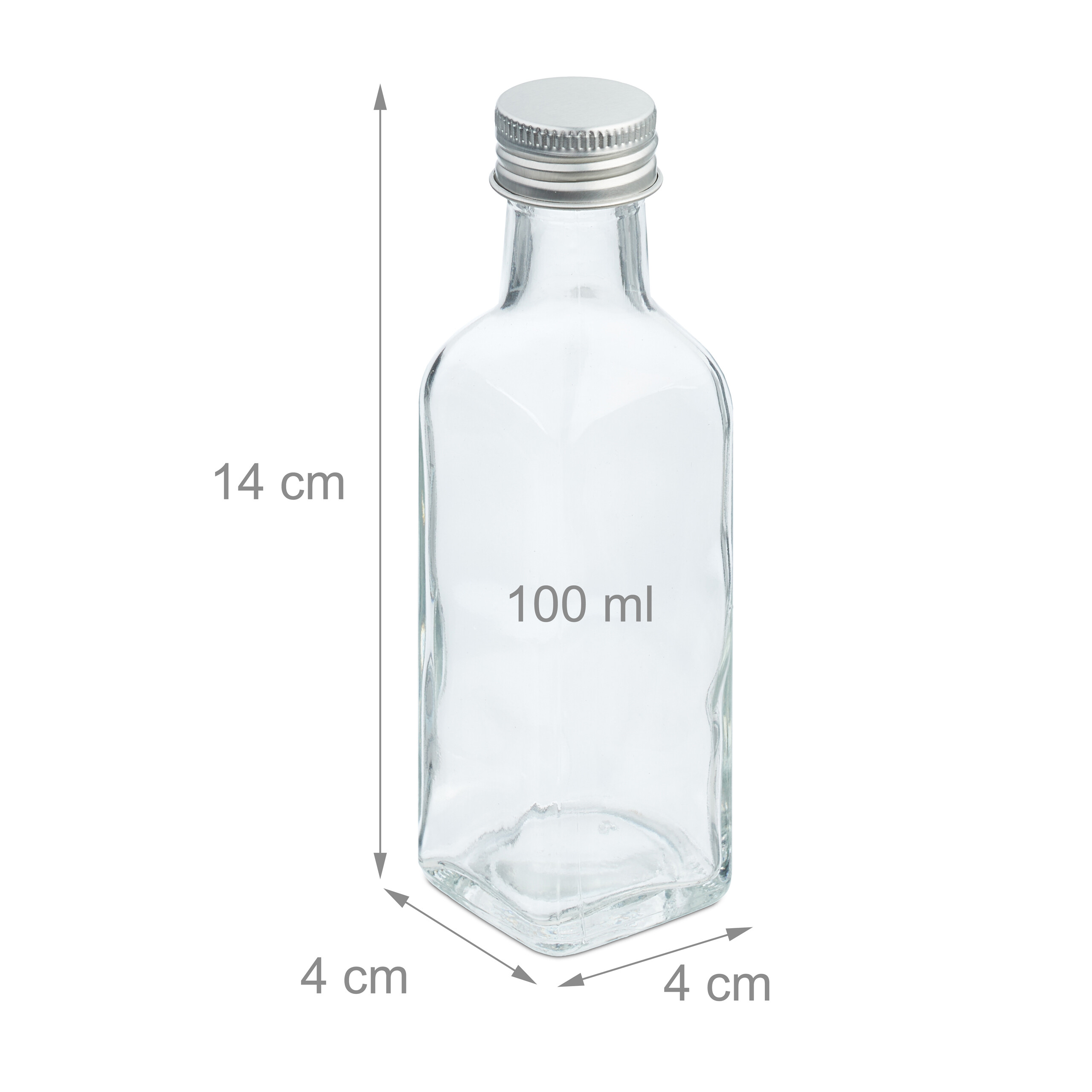 Transparente 100ml Glasflasche mit silbernem Deckel und Maßangaben in cm.