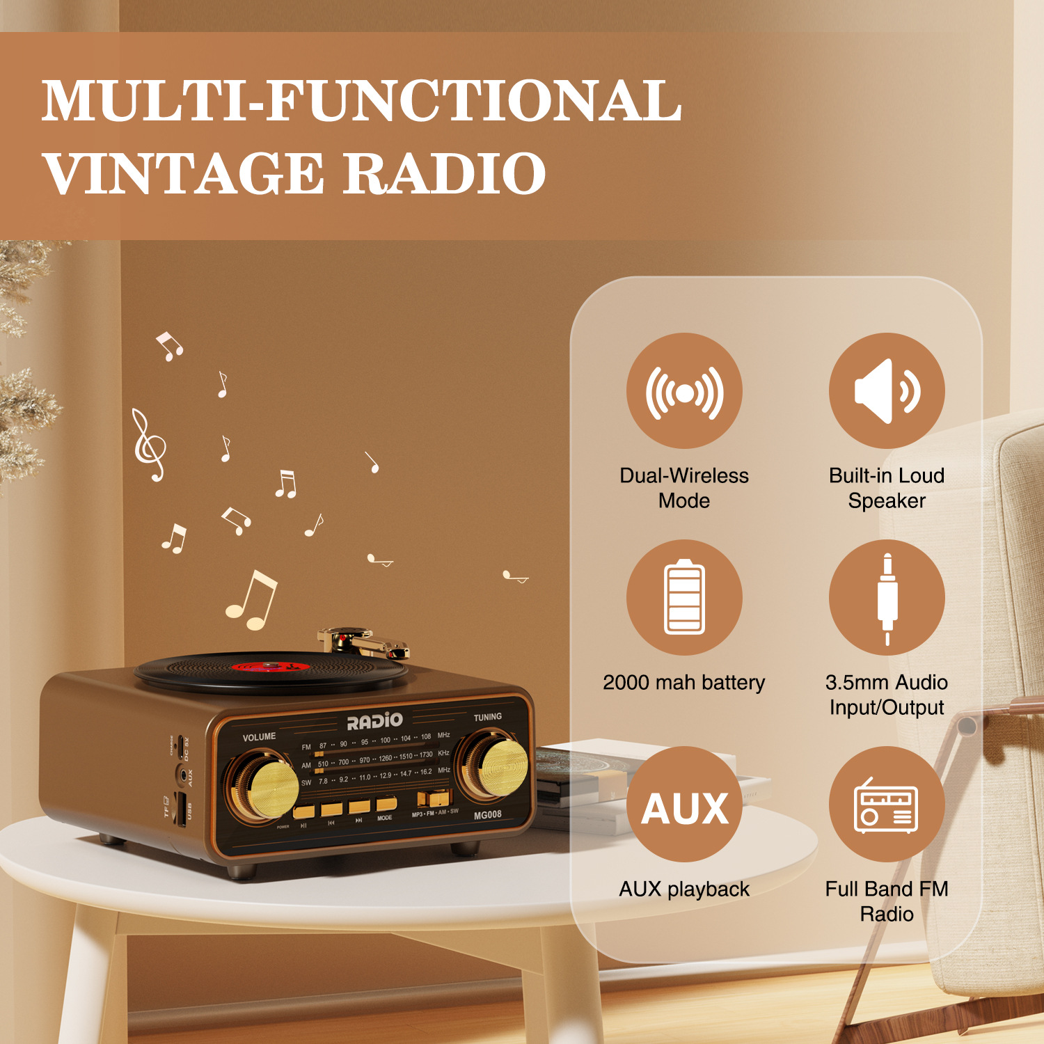 Ein braunes Multifunktions-Vintage-Radio mit Drehknöpfen und Musiknoten auf einem Tisch, umgeben von Produktmerkmalen.