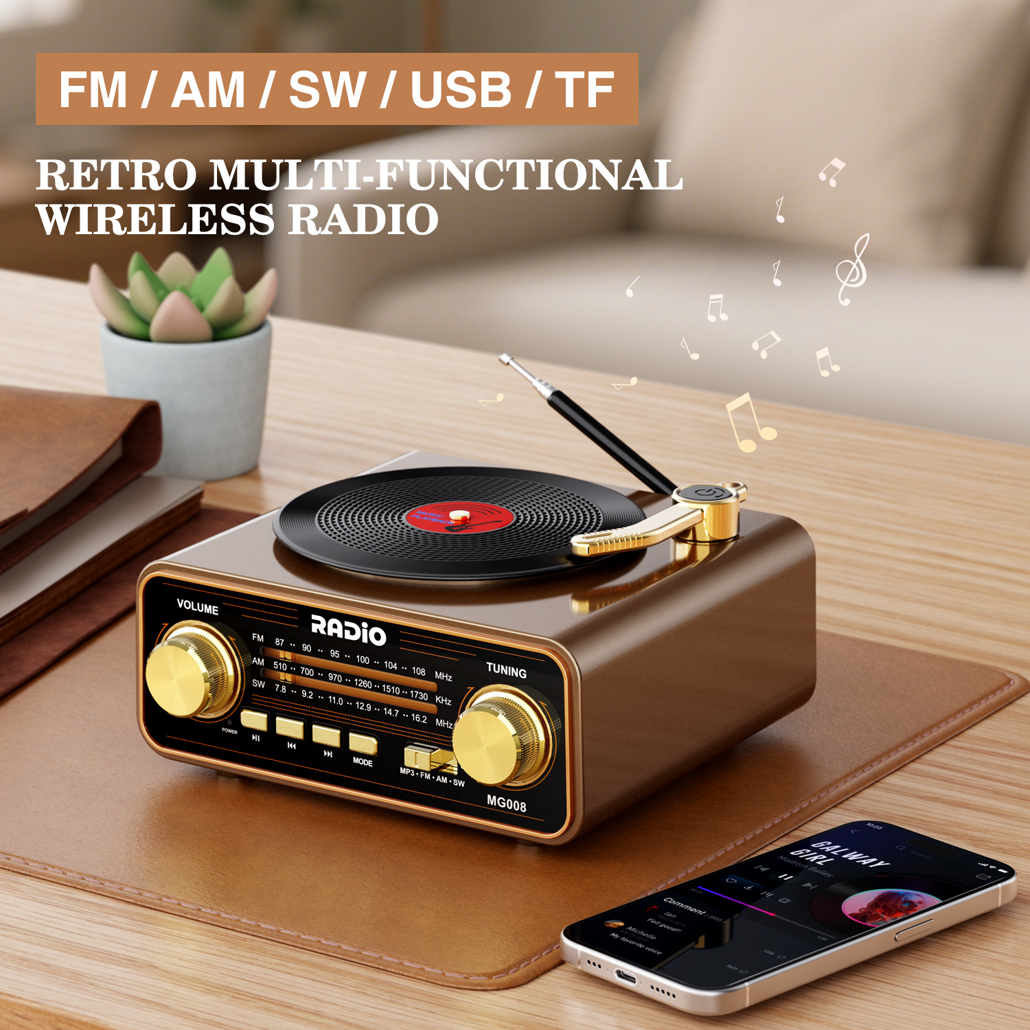 Ein braunes Retro-Radio mit integriertem Plattenspieler, Goldknöpfen und Handy auf einem Holztisch.