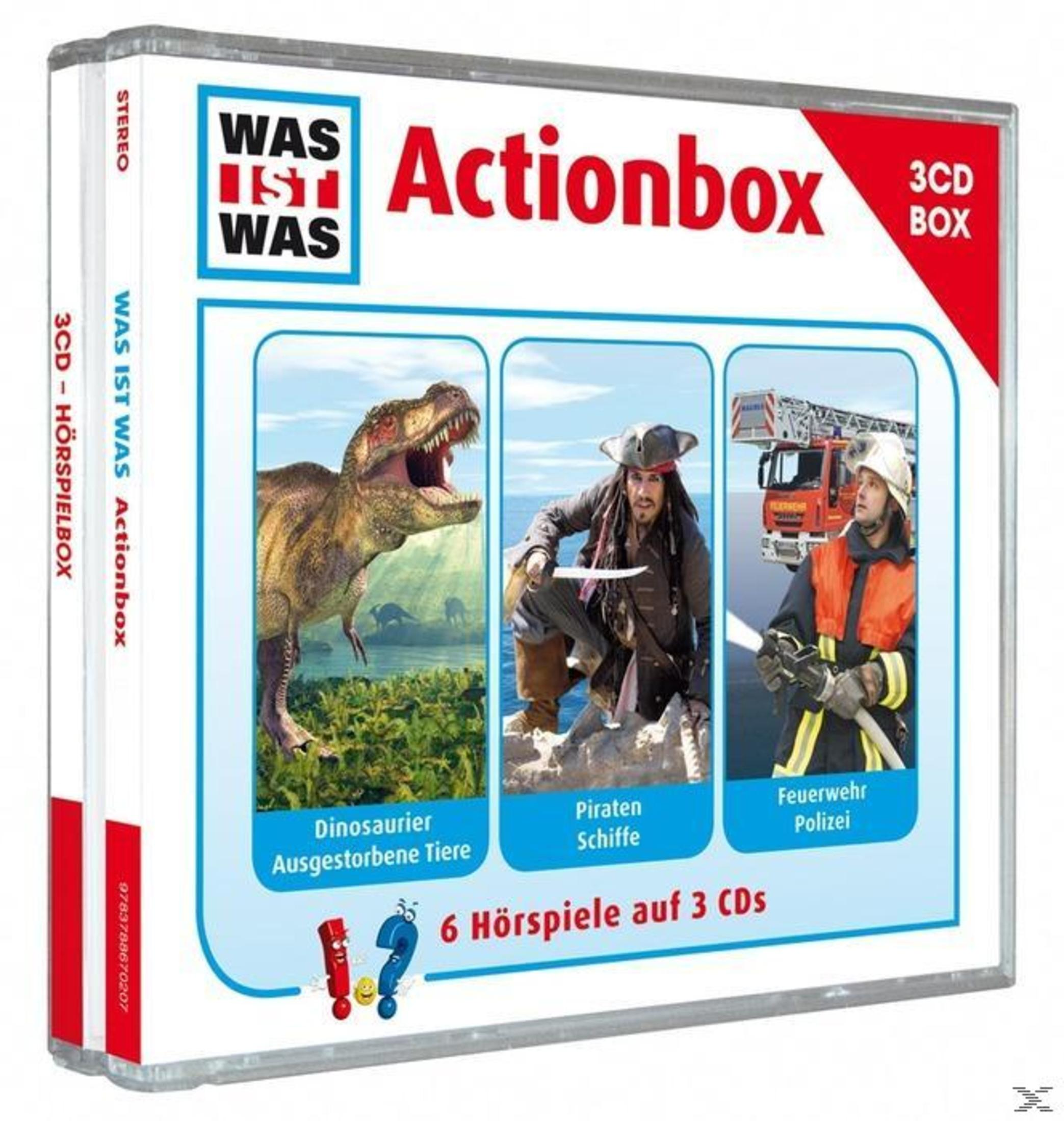 WAS IST WAS Actionbox 3CD-Hörspielbox mit Dinosauriern, Piraten und Feuerwehr.