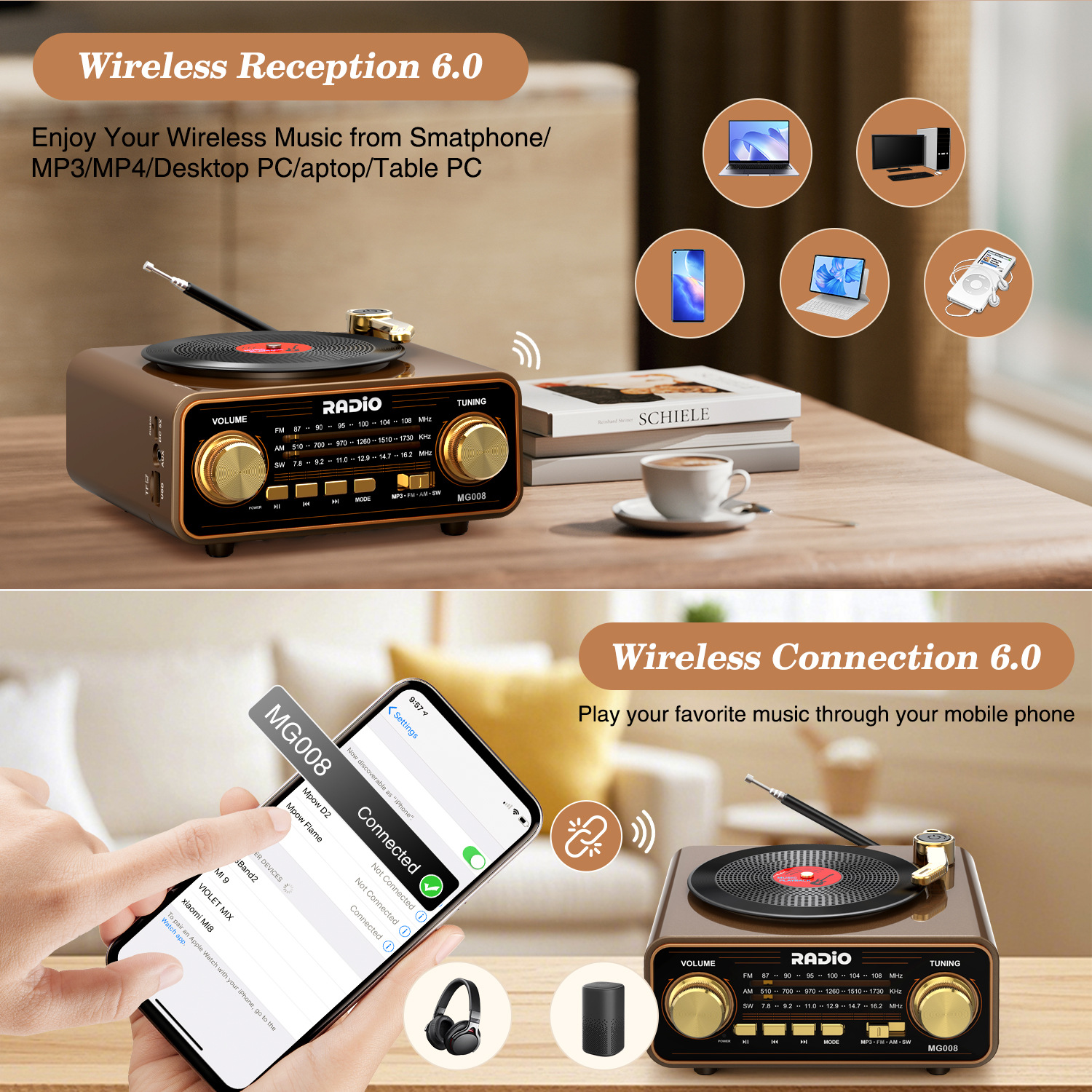 Retro-Radio mit kabelloser Verbindung, verbunden mit Smartphone und verschiedenen Geräten.