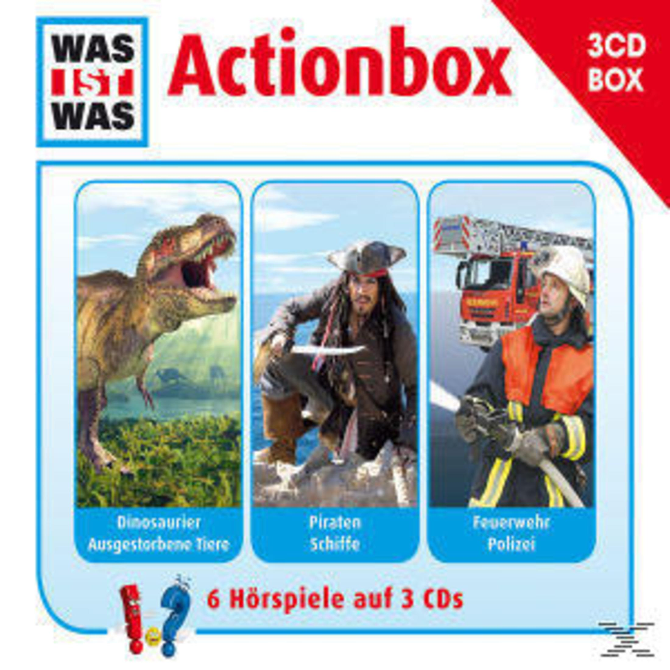 CD-Box mit Bildern eines Dinosauriers, eines Piraten und eines Feuerwehrleuts.