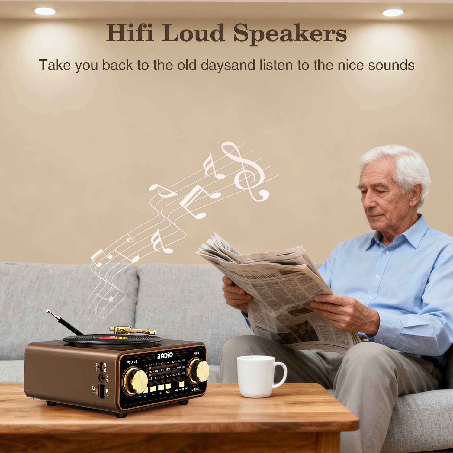 Älterer Mann liest Zeitung auf Sofa, während ein Retro-Radio Musiknoten spielt.