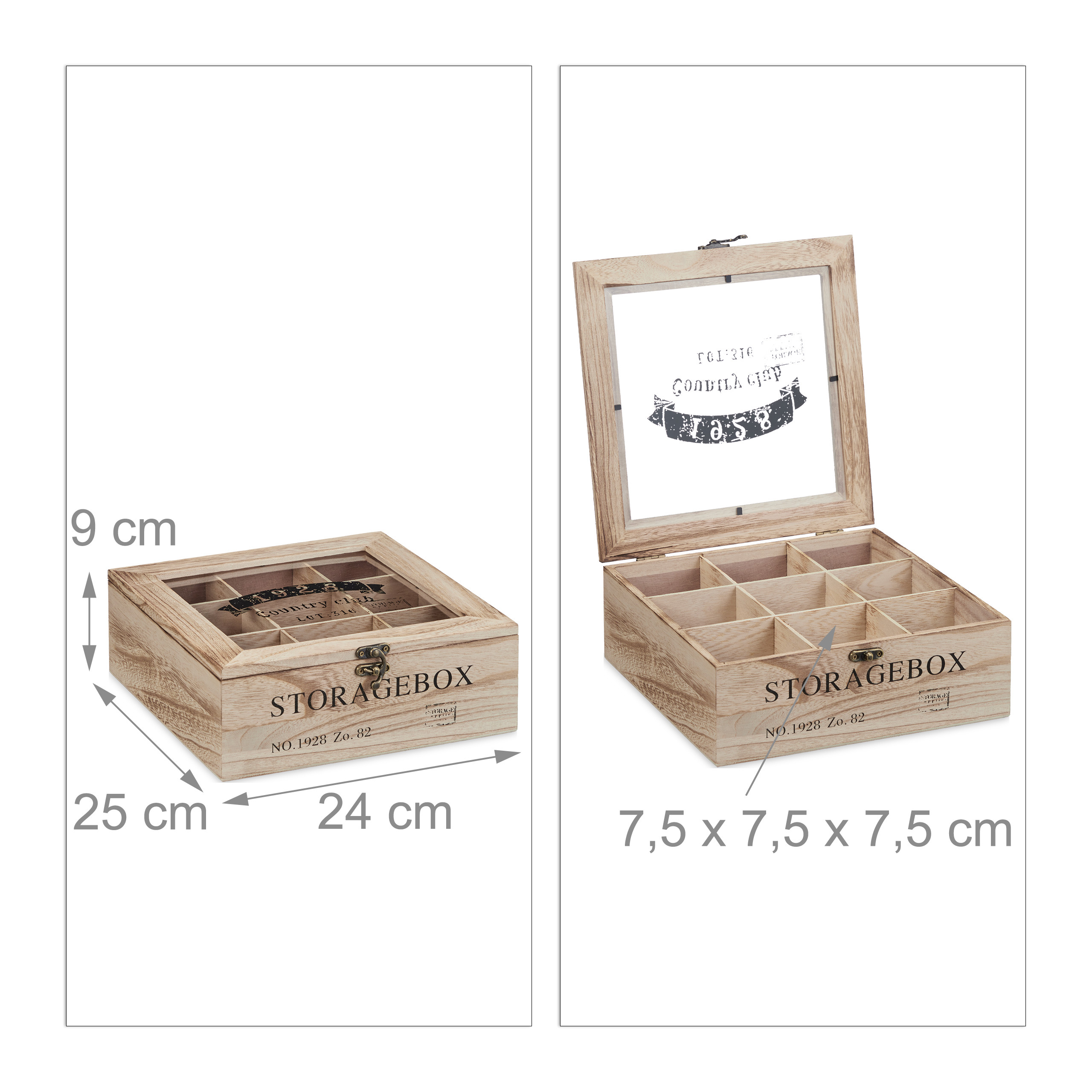 Holz-Aufbewahrungsbox mit neun Fächern, Glasdeckel und Maßen.