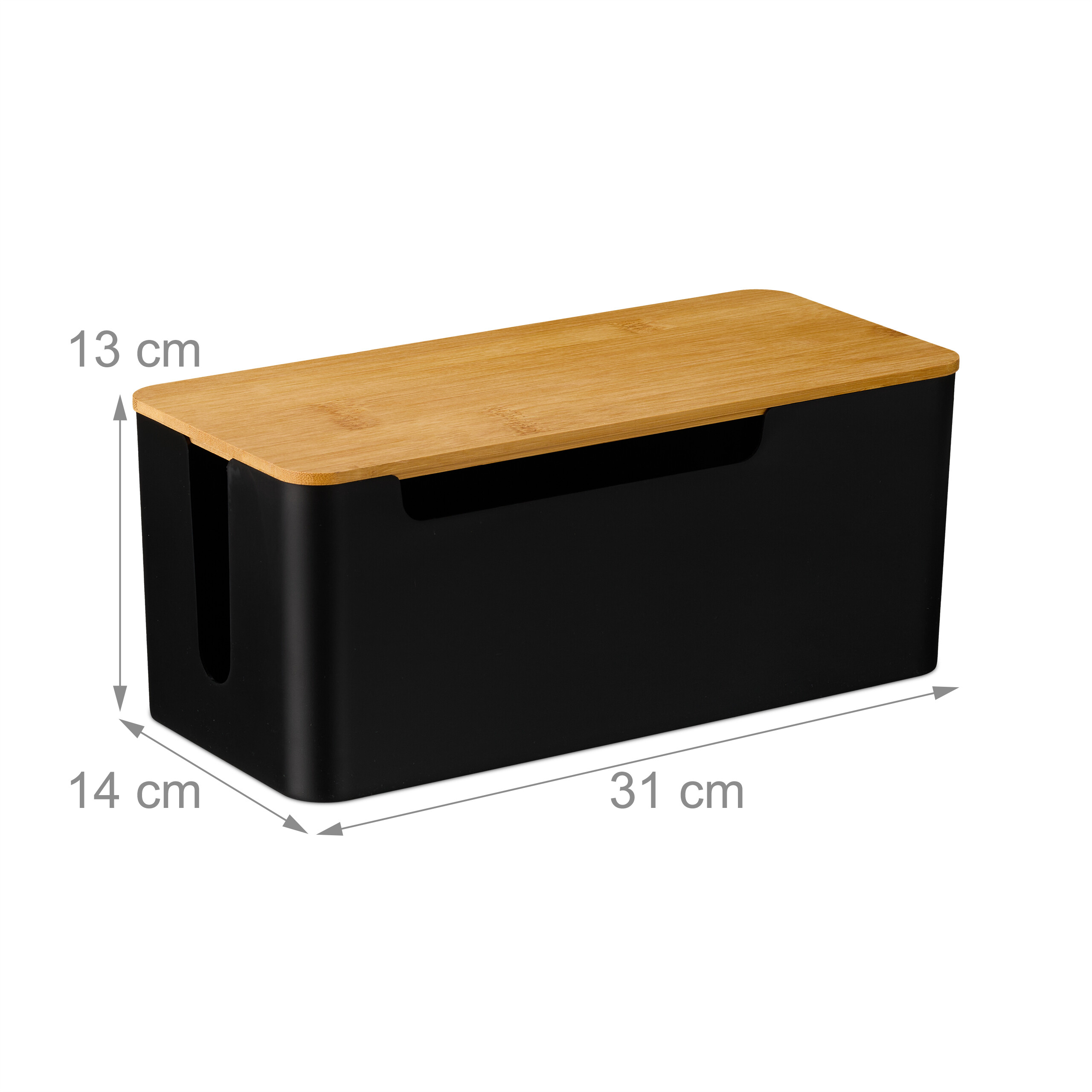 Schwarze Kabelbox mit Bambusdeckel und Abmessungen 31x14x13 cm.