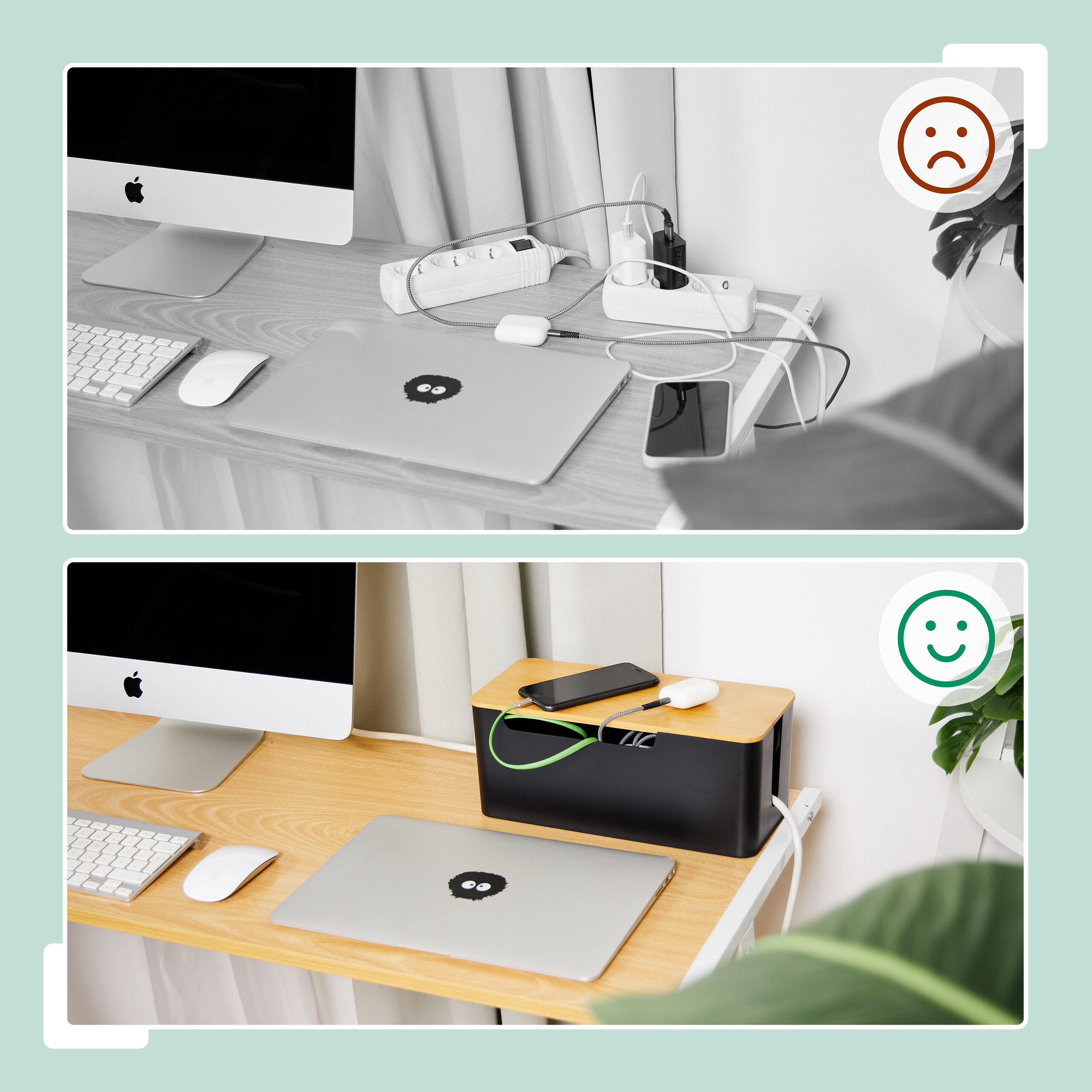 Vorher-Nachher-Vergleich eines unordentlichen Schreibtisches mit Kabeln und eines aufgeräumten mit Kabelbox.