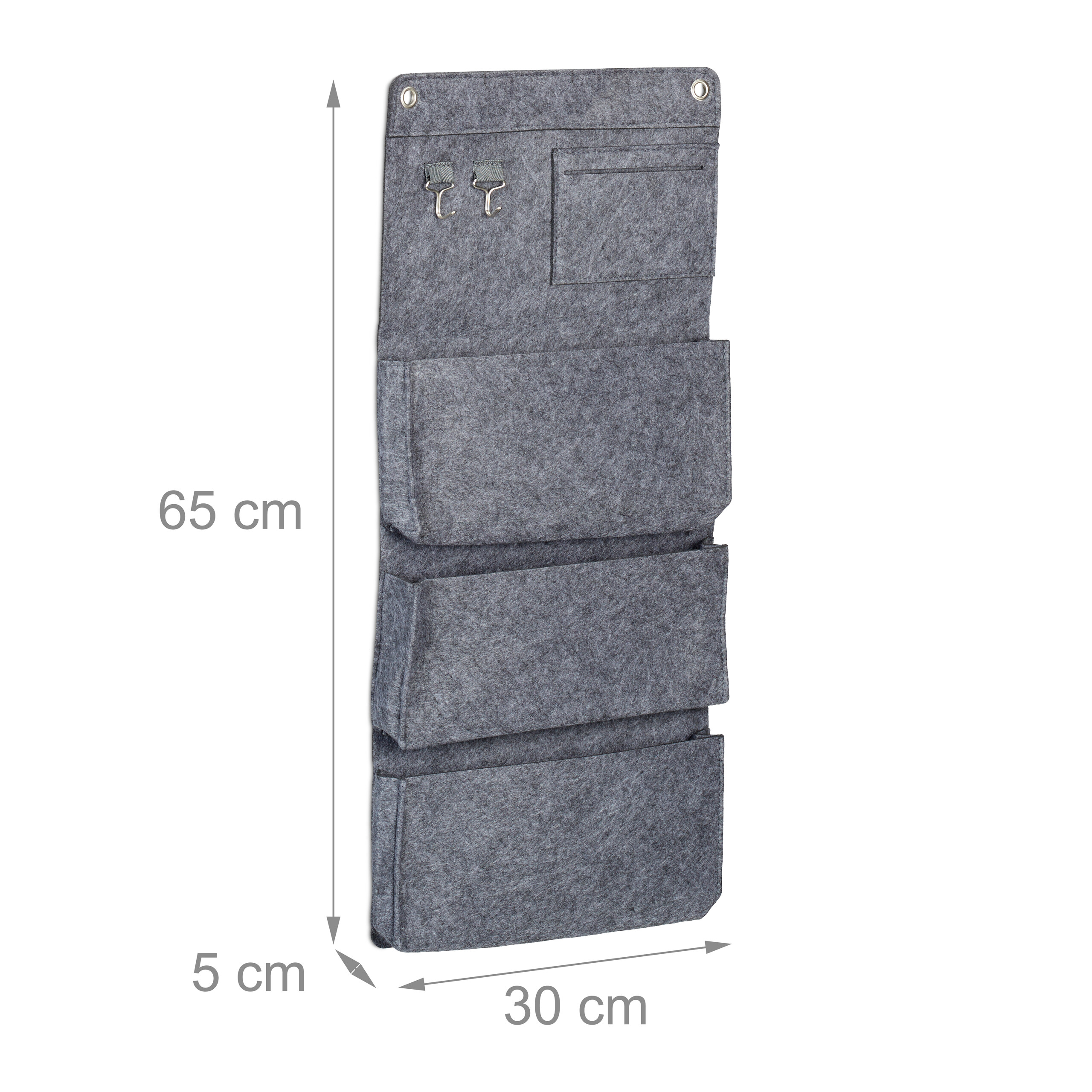 Grauer Filz-Hängeorganizer mit drei großen Taschen, zwei kleinen Haken und Maßen von 65x30x5 cm.