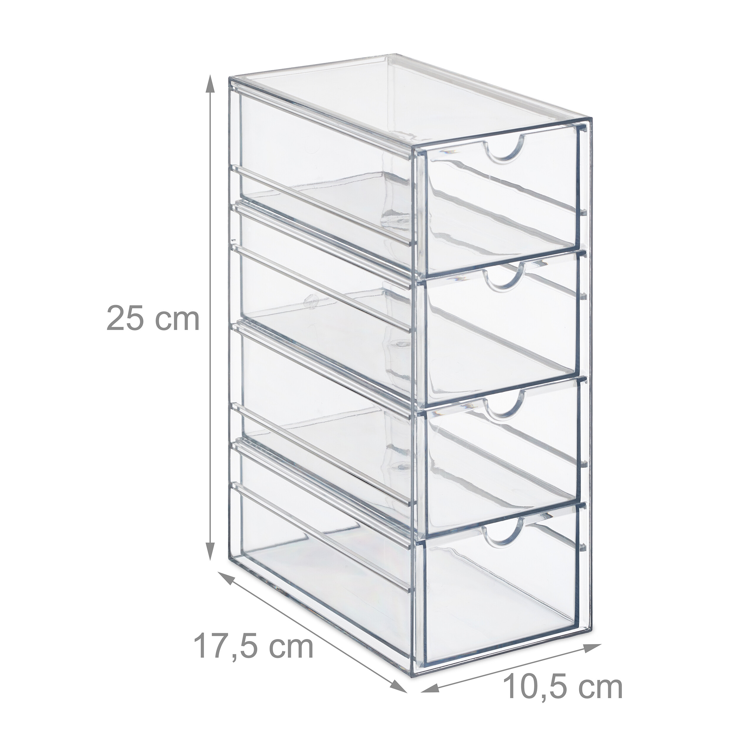 Transparente Acryl-Aufbewahrungsbox mit vier Schubladen und Maßangaben.