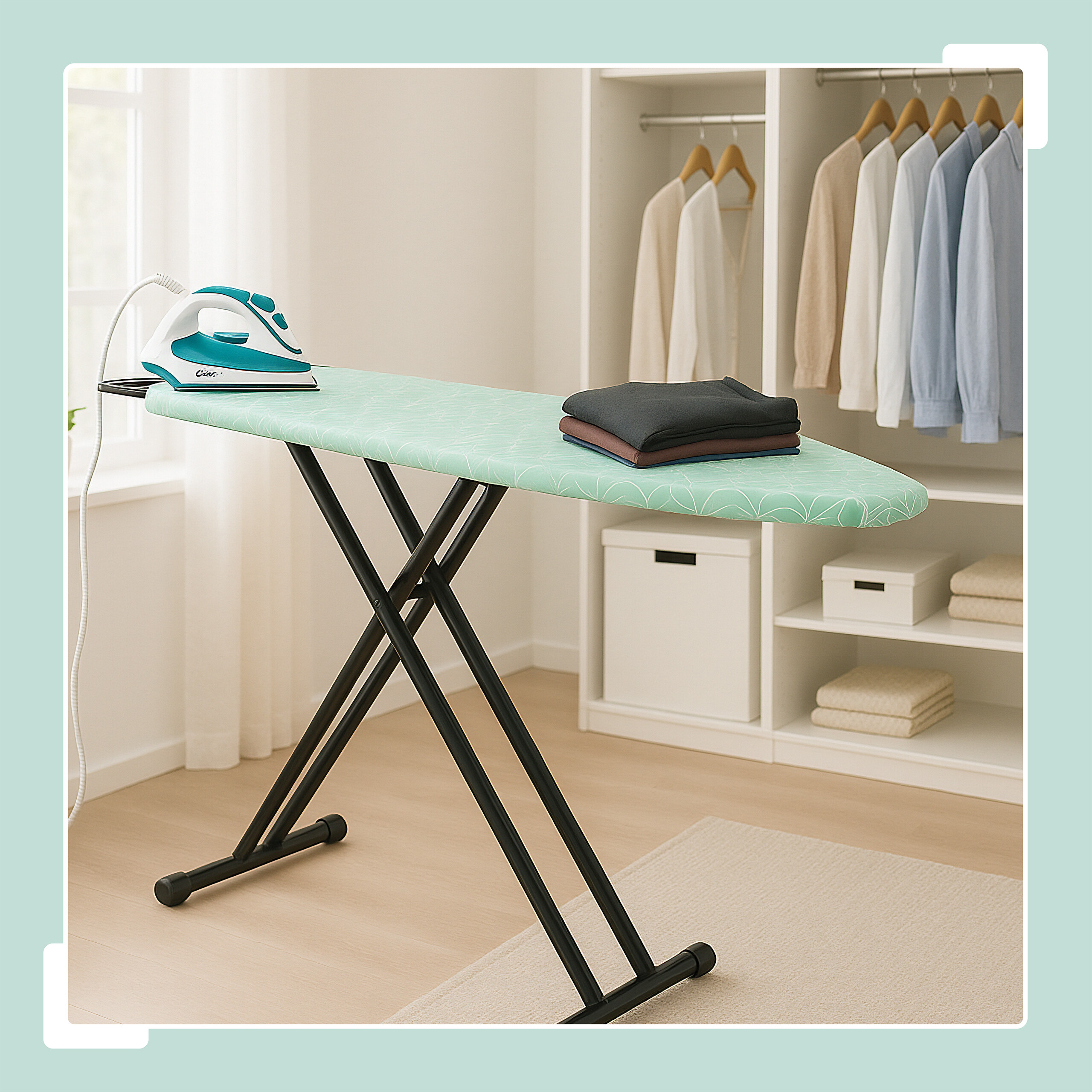 Ein mintgrünes Bügelbrett mit Bügeleisen und gefalteter Kleidung in einem Zimmer mit Kleiderschrank.