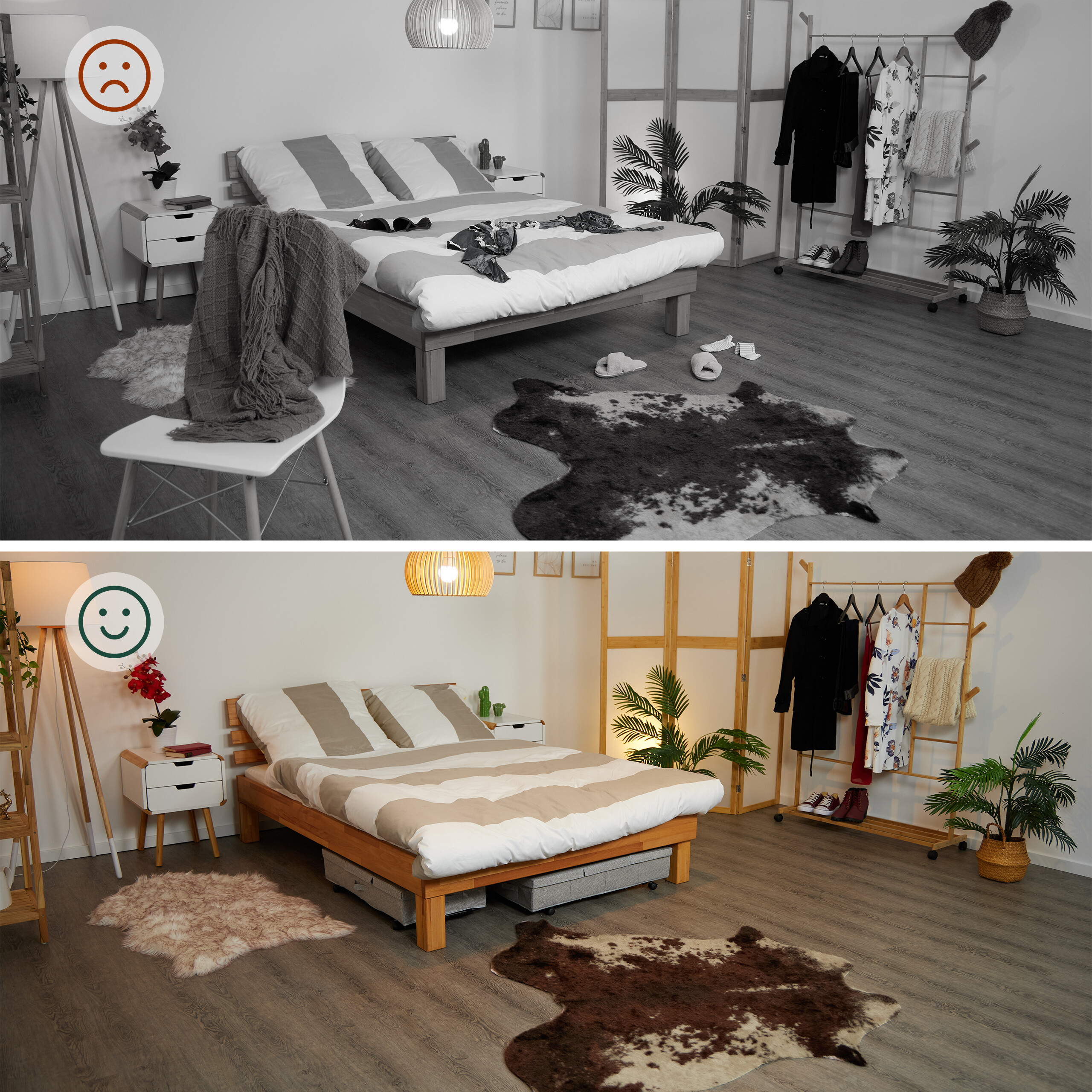 Zwei Schlafzimmerbilder: oben ein unordentliches Zimmer in Graustufen mit Frown-Icon, unten ein ordentliches Zimmer mit Lächeln-Icon.