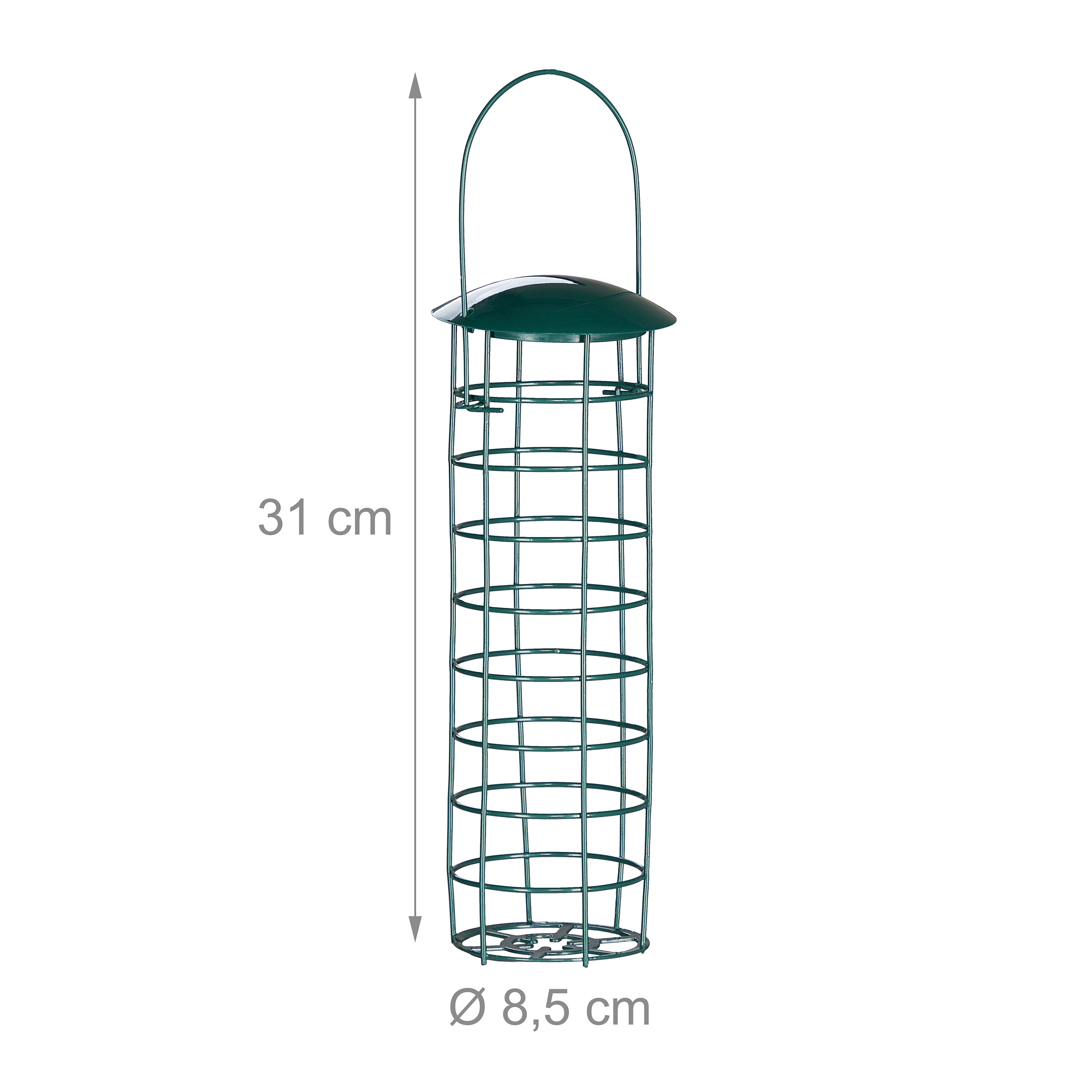 Ein zylinderförmiger, grüner Futterspender aus Metall mit Aufhängeöse, 31 cm hoch und 8,5 cm im Durchmesser.