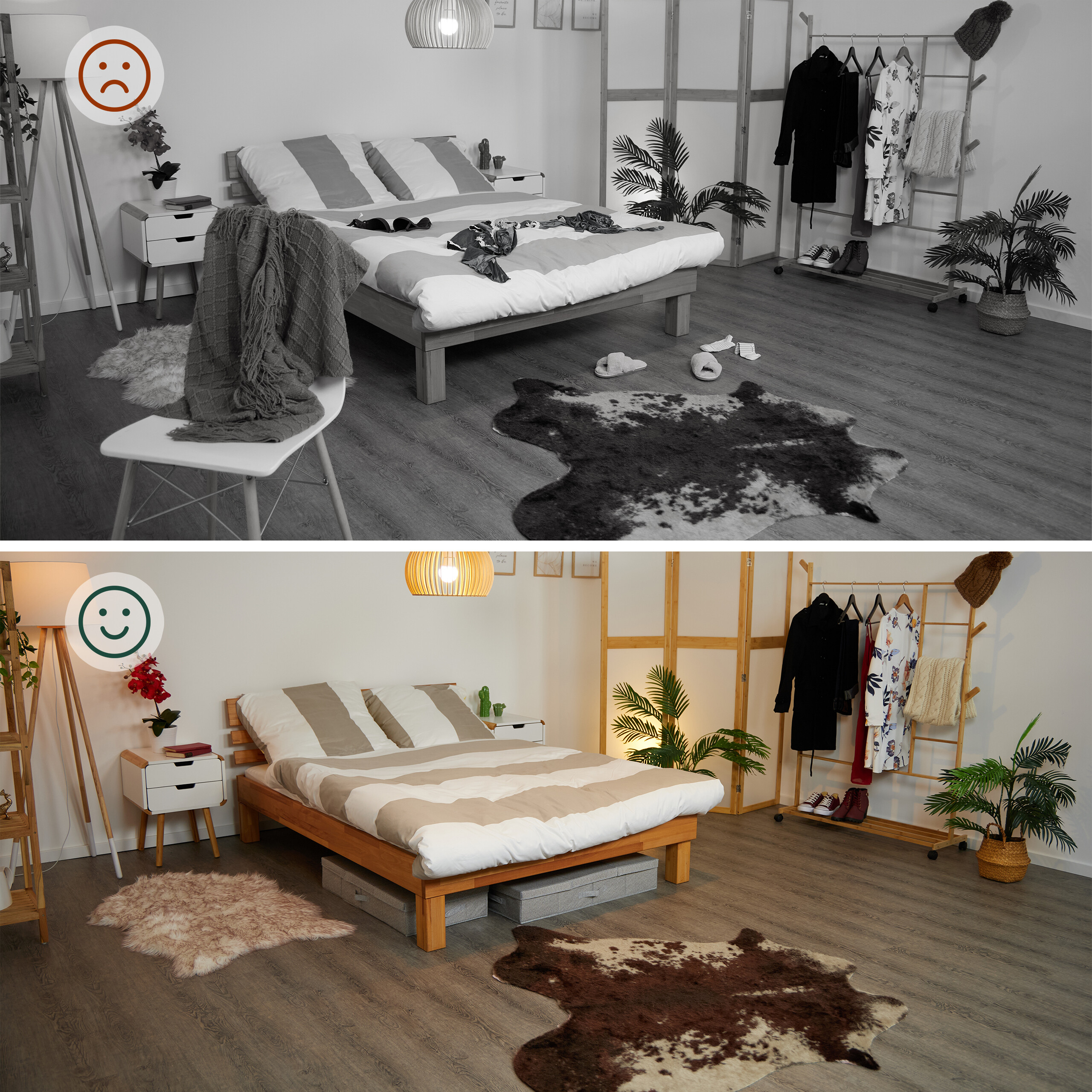 Vergleich zweier Schlafzimmer: Ein unordentliches graues Zimmer mit traurigem Smiley und ein aufgeräumtes warmes Zimmer mit glücklichem Smiley.