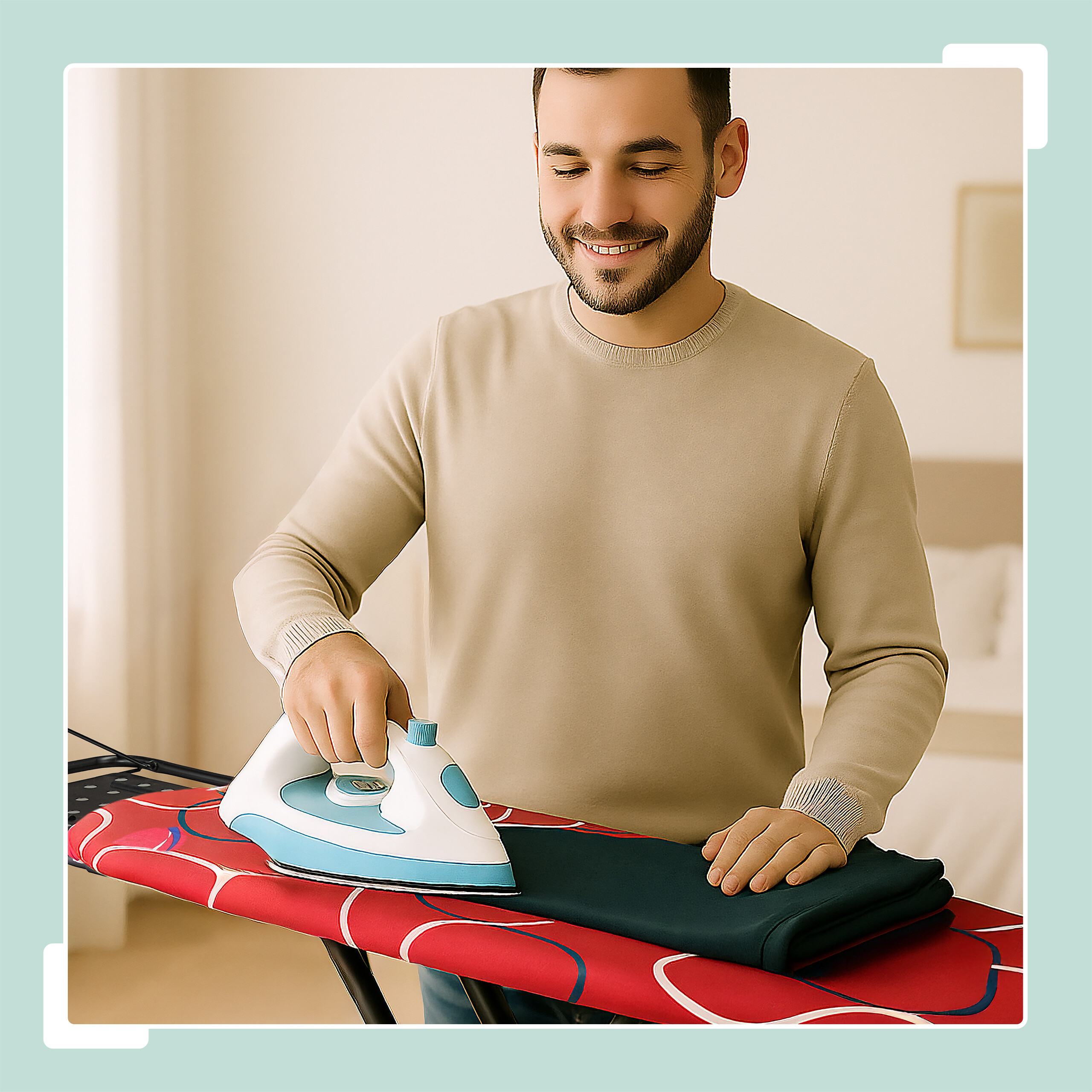 Ein lächelnder Mann in einem beigen Pullover bügelt Kleidung auf einem rot-weiß gemusterten Bügelbrett.