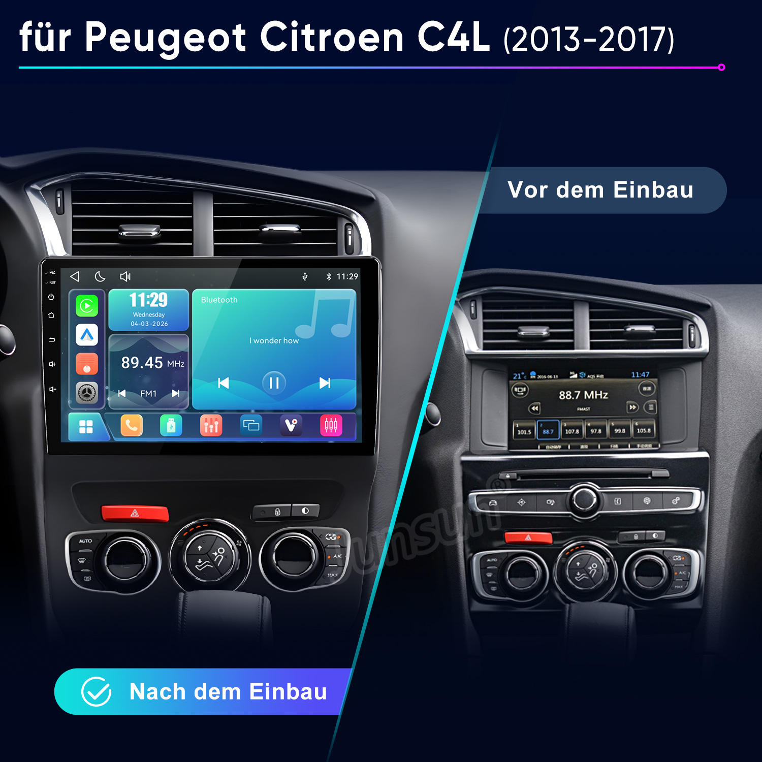 Vergleich Peugeot C4L Armaturenbrett vor und nach dem Einbau eines Touchscreen-Radios.
