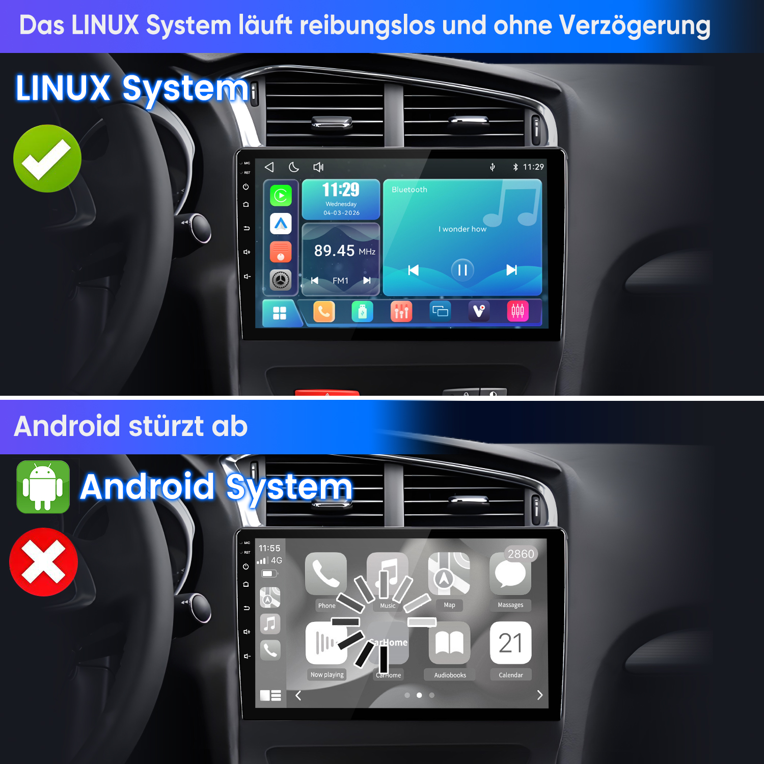 Vergleich eines Armaturenbretts mit flüssigem Linux-System und abstürzendem Android-System.