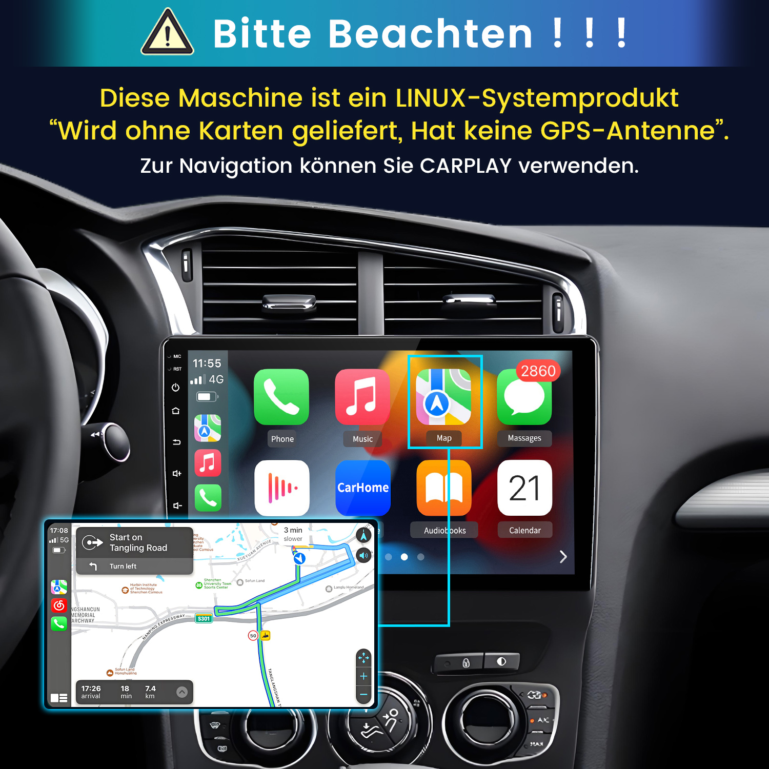 Linux-Autoradio mit CarPlay, Touchscreen, App-Icons und eingeblendeter GPS-Navigation.