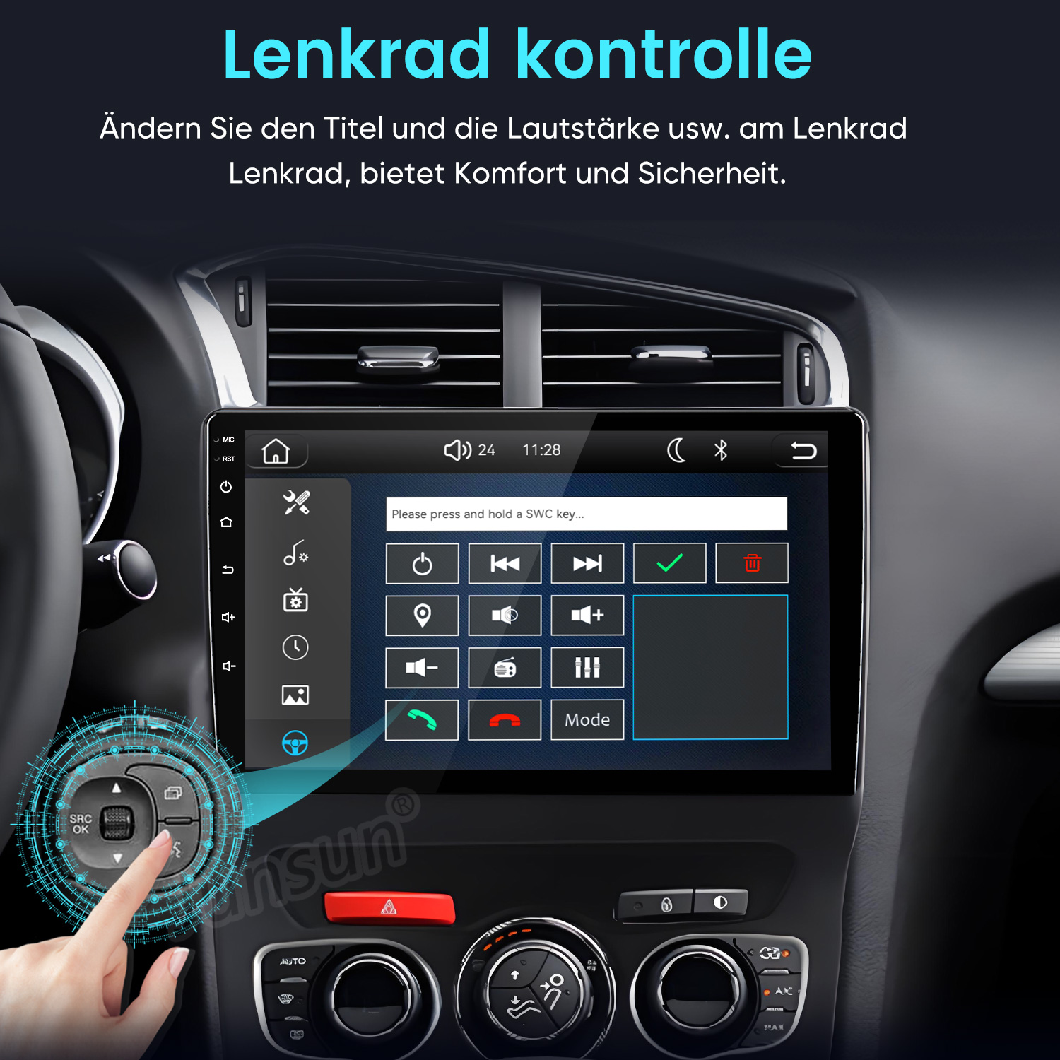 Ein Auto-Multimedia-Bildschirm zeigt Lenkradsteuerungsoptionen mit einer berührenden Hand.