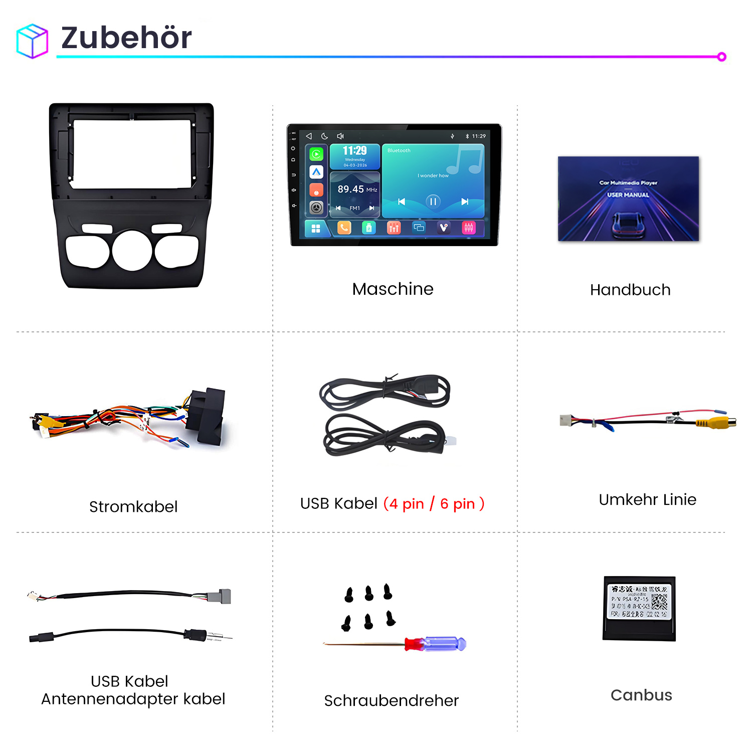 Übersicht von Zubehörteilen für Autoradios wie Rahmen, Display, Handbuch, Kabel, Schrauben und Canbus.