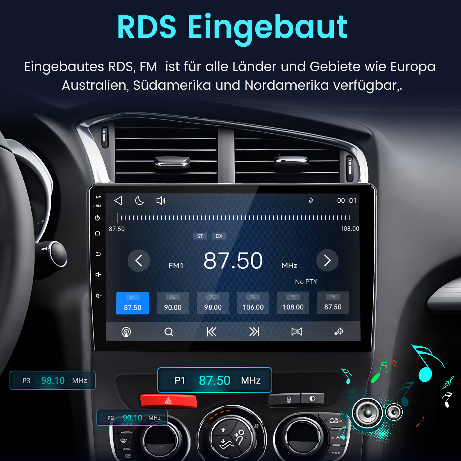 Ein Car-Audio-Bildschirm zeigt den FM-Radiosender 87,50 MHz mit Steuerelementen und Musiknoten.