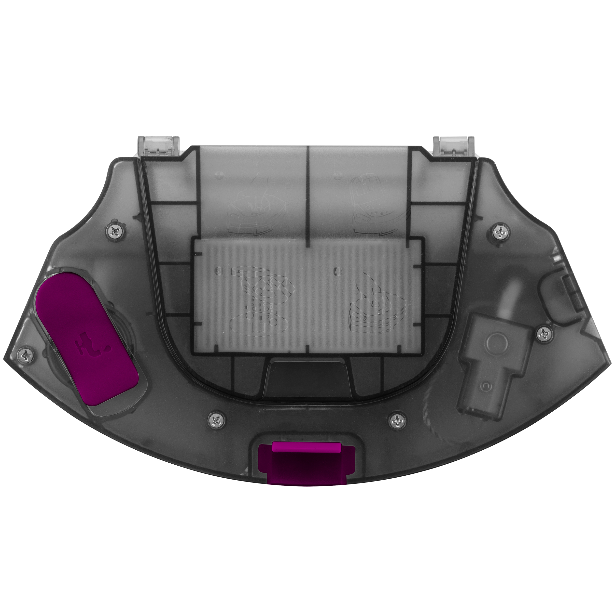 Durchsichtiger grauer Saugroboter-Wassertank mit violettem Gummistopfen und Filterfach vor weißem Hintergrund.