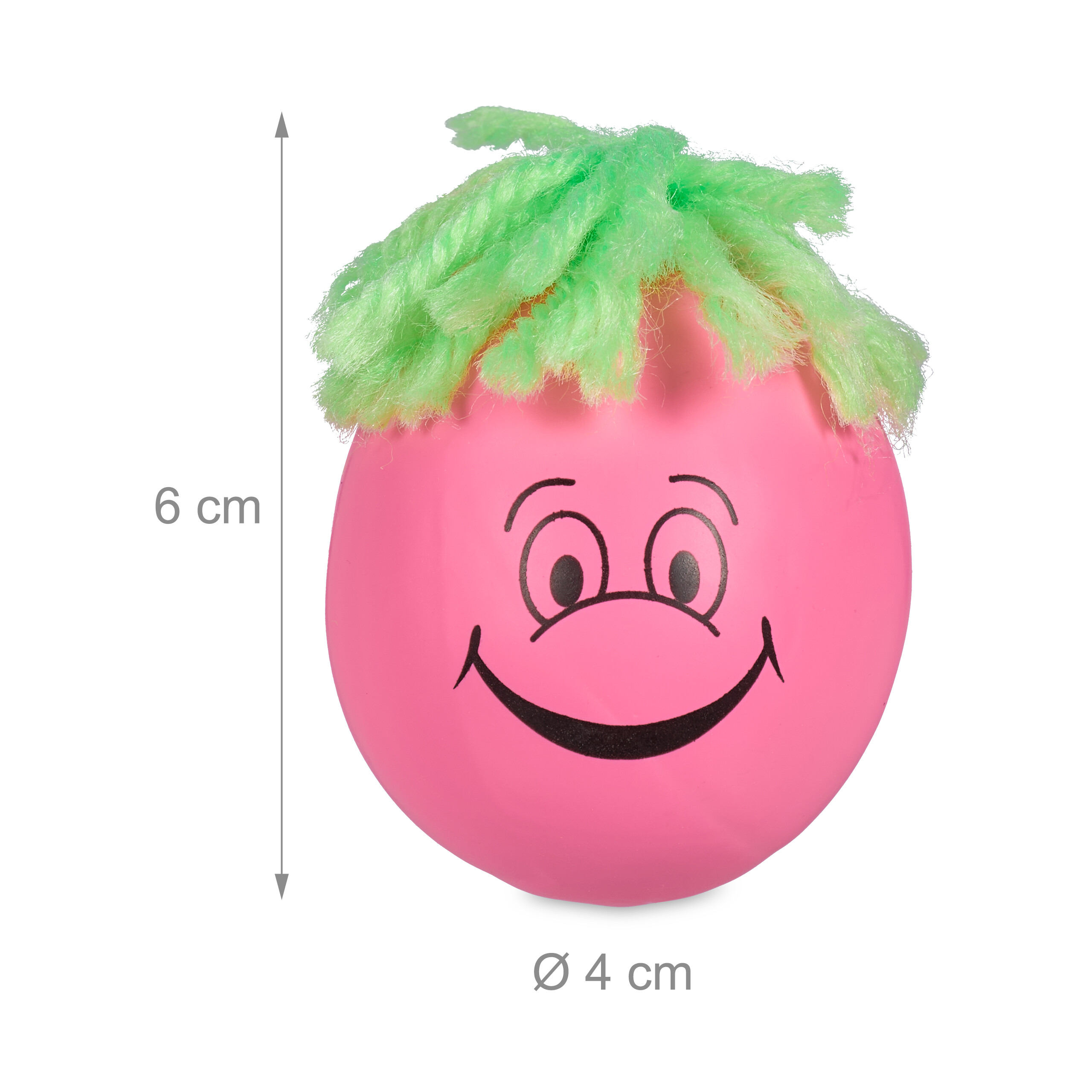 Rosa Antistressball mit lachendem Gesicht und grünem Wollhaar, 6 cm hoch und 4 cm breit, vor weißem Hintergrund.