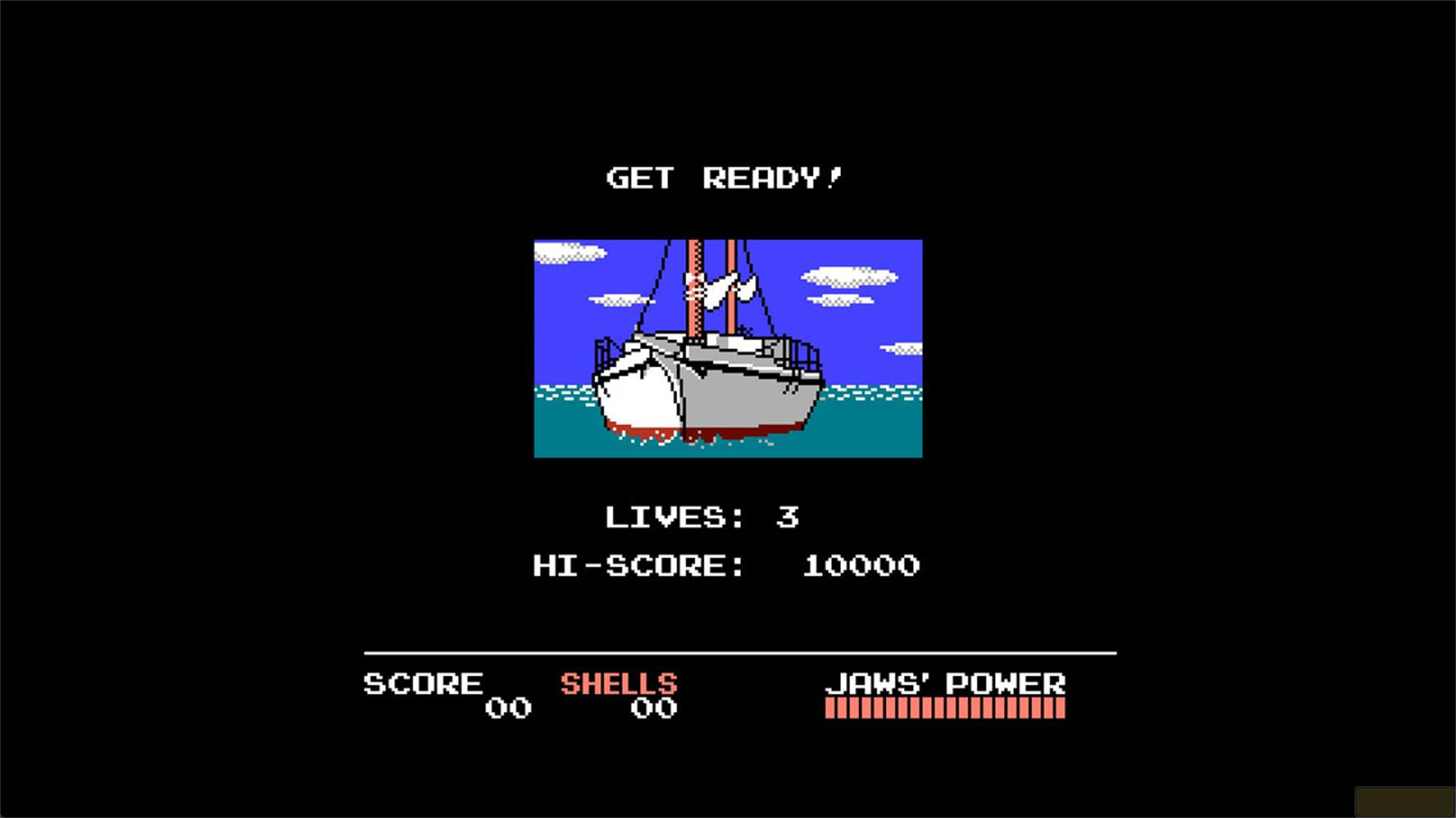 Retro-Videospielbildschirm mit Text 'Get Ready!' und einer pixeligen Bootsgrafik vor blauem Hintergrund.