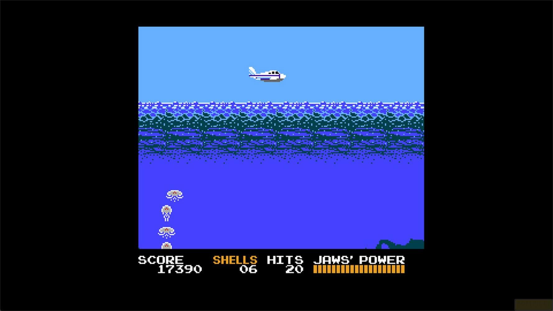 Pixel-Spielbildschirm mit einem Flugzeug über dem Meer und HUD-Informationen unten.