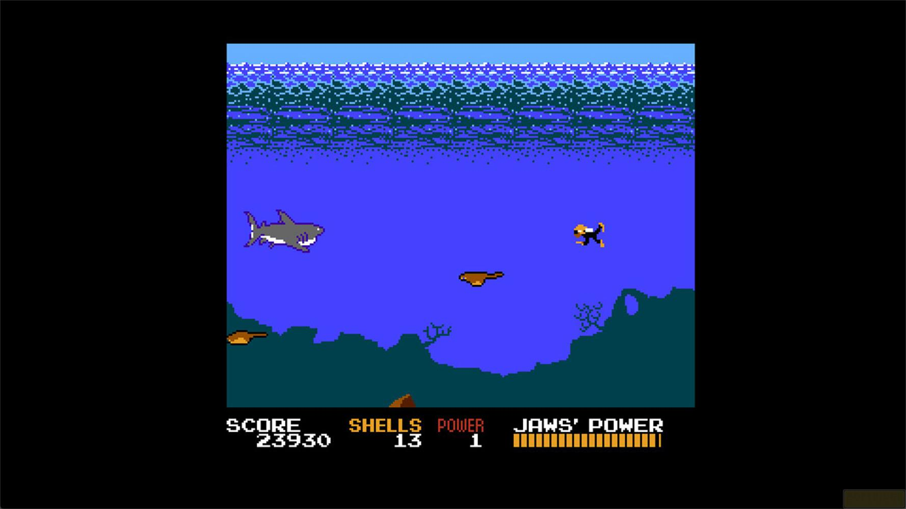 Ein Retro-Videospiel zeigt einen Taucher im blauen Ozean in der Nähe eines großen Hais.