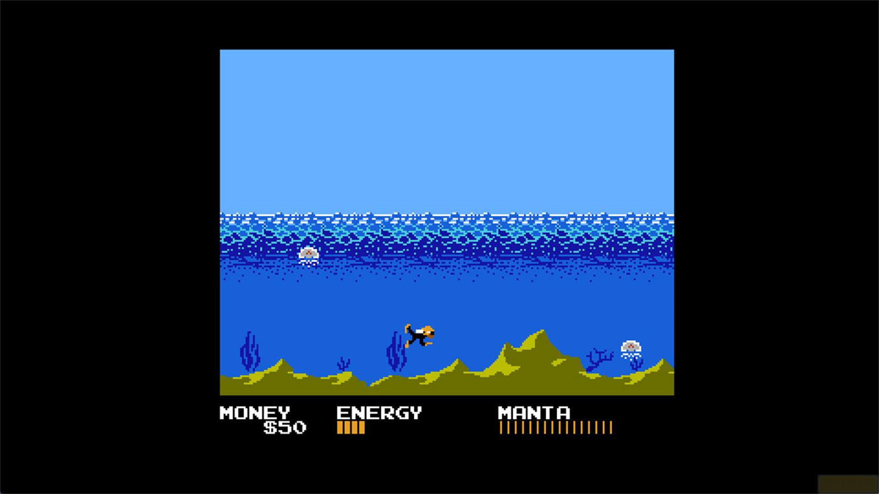 Pixel-Art-Unterwasserszene mit Taucher, Qualle, Seegras und HUD für Geld, Energie und Manta.