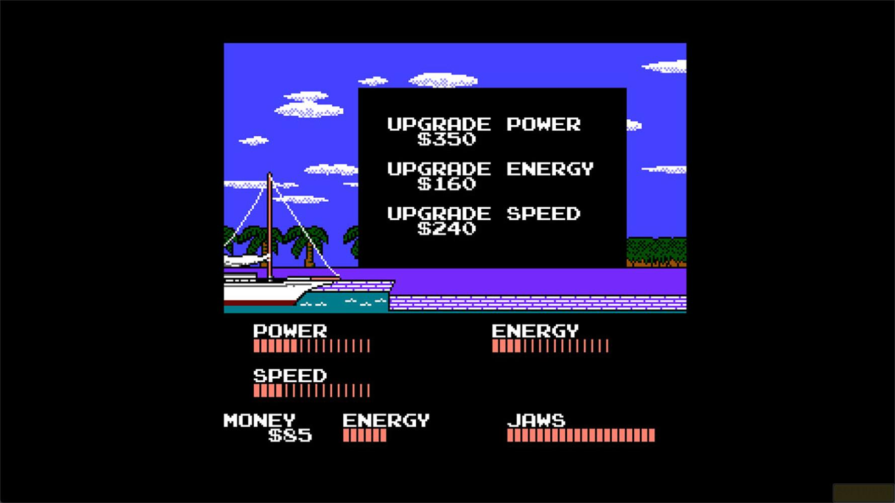 Retro-Videospielbildschirm mit Upgrade-Optionen für Power, Energie und Geschwindigkeit sowie Statusleisten.